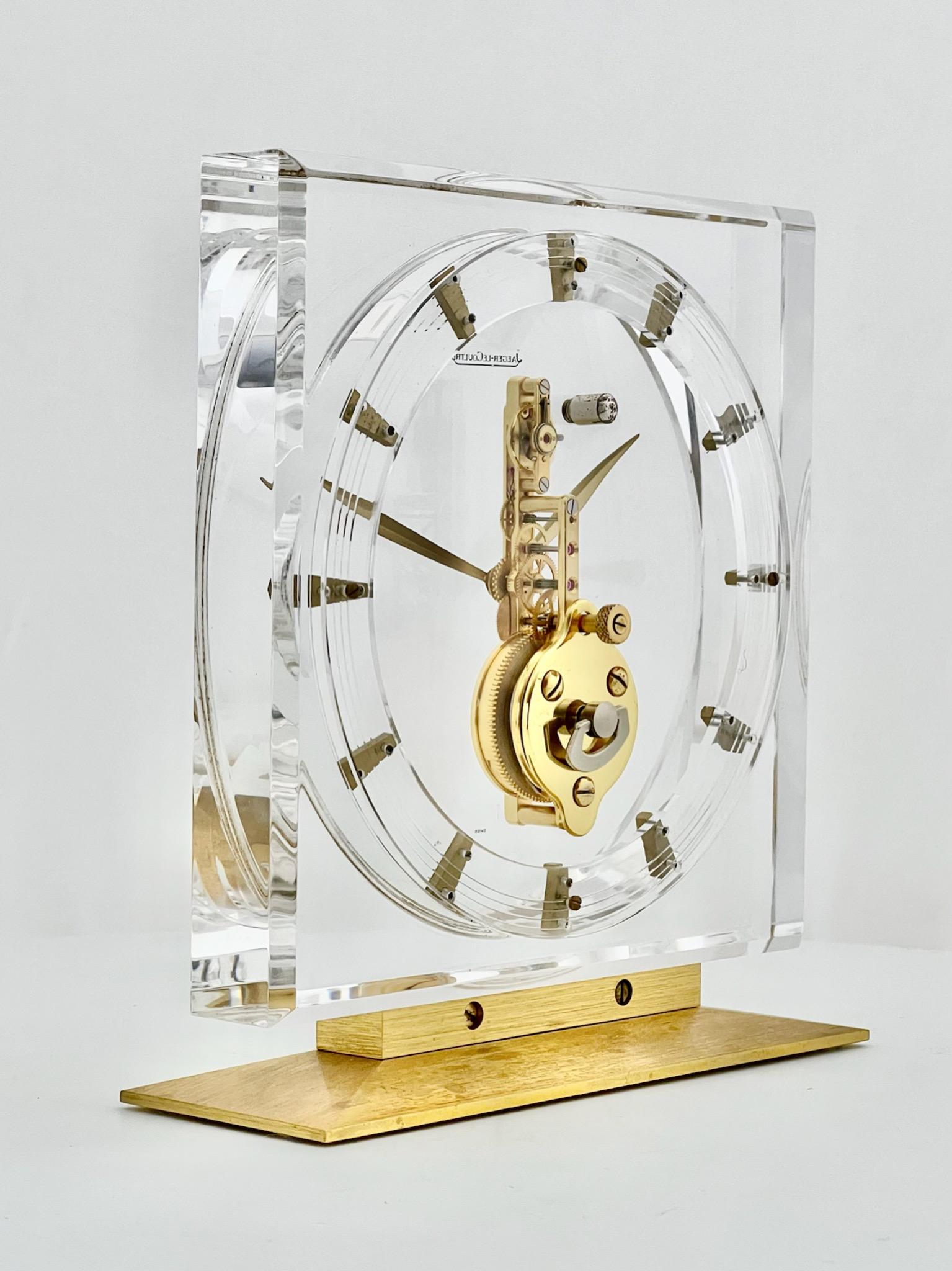 Mid-Century Modern Jaeger-LeCoultre Mid Century Brass and Lucite Inline Skeleton Clock No. 420 For Sale