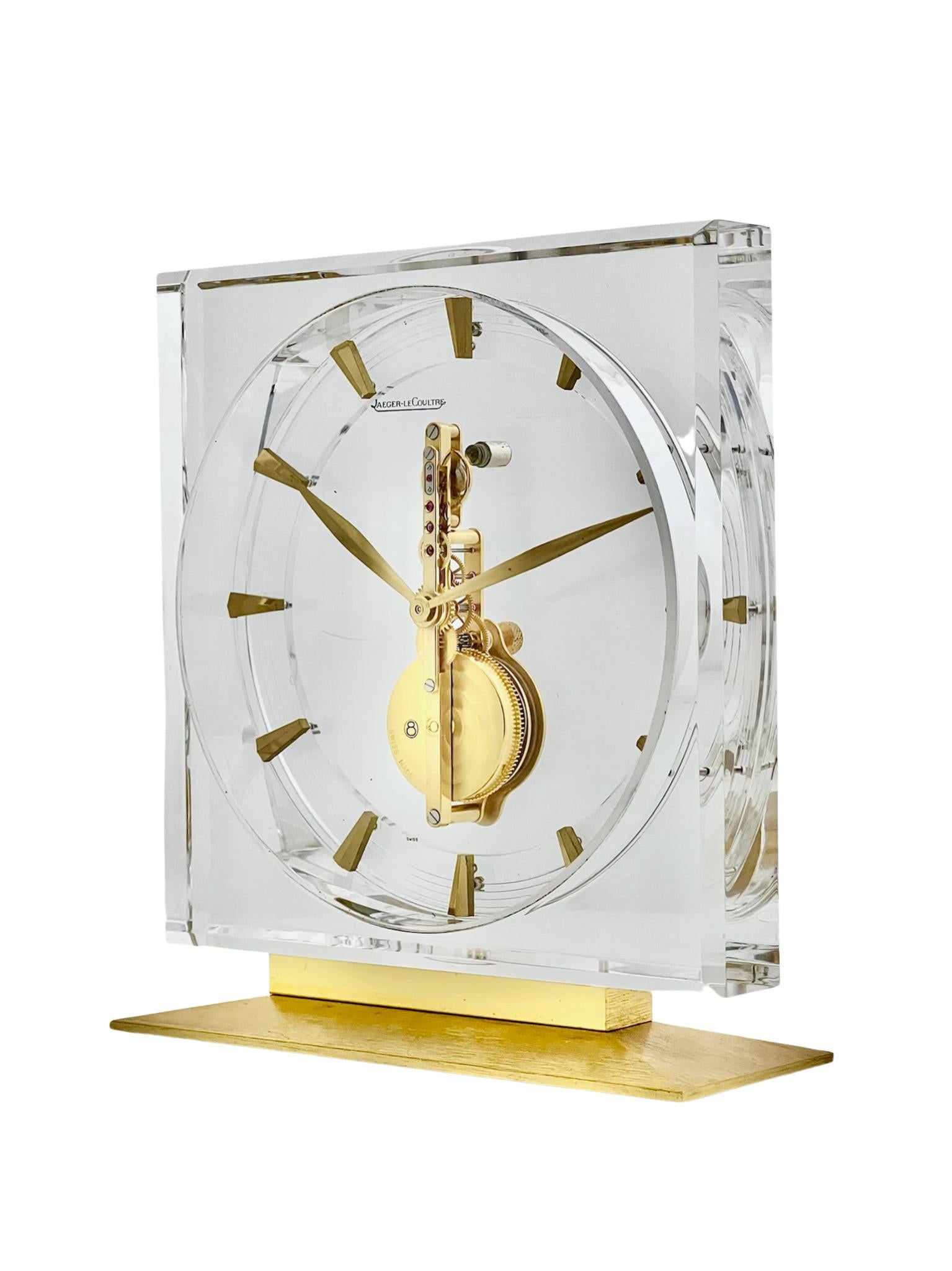 Swiss Jaeger-LeCoultre Mid Century Brass and Lucite Inline Skeleton Clock No. 420 For Sale