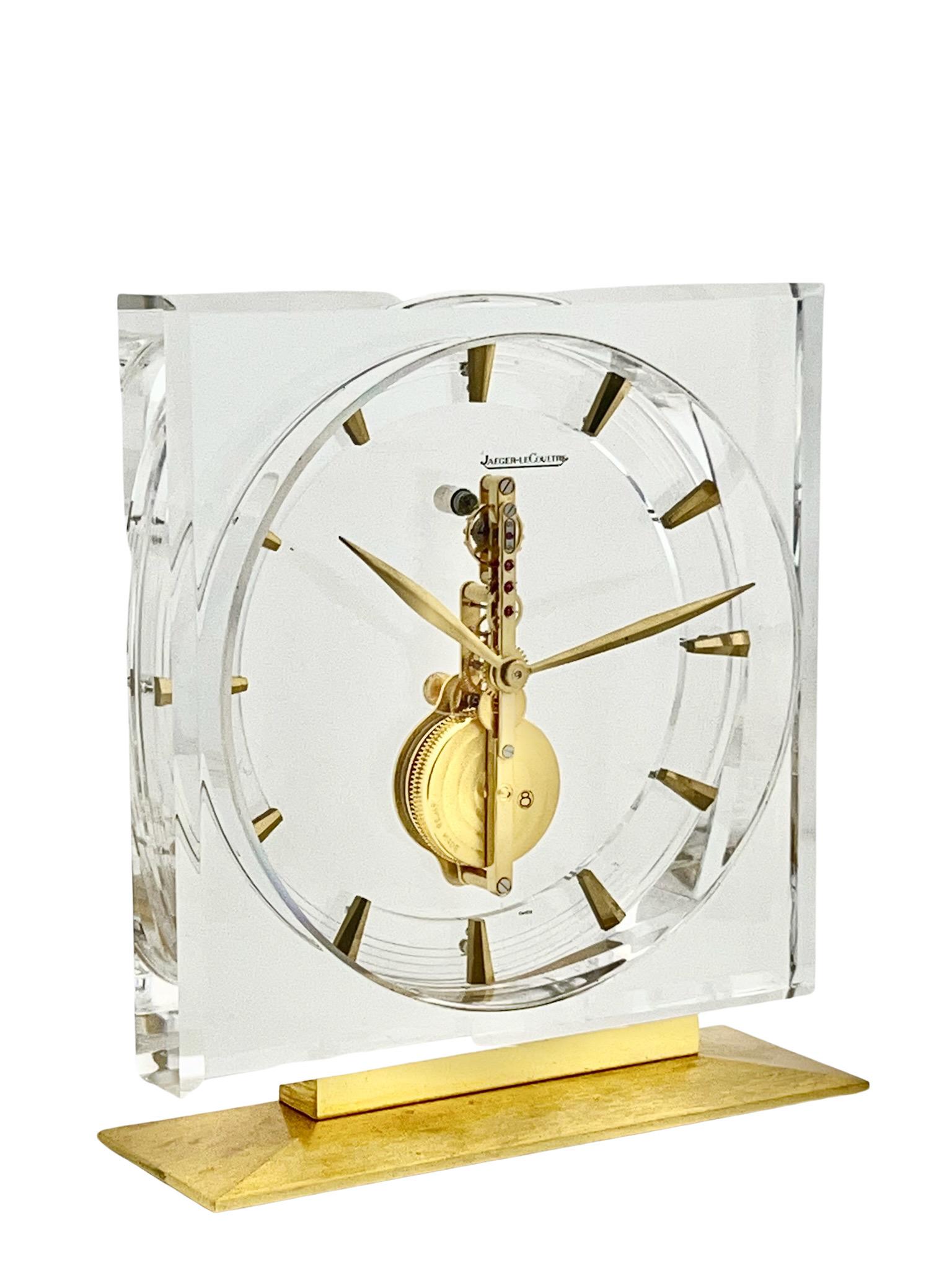 Gilt Jaeger-LeCoultre Mid Century Brass and Lucite Inline Skeleton Clock No. 420 For Sale
