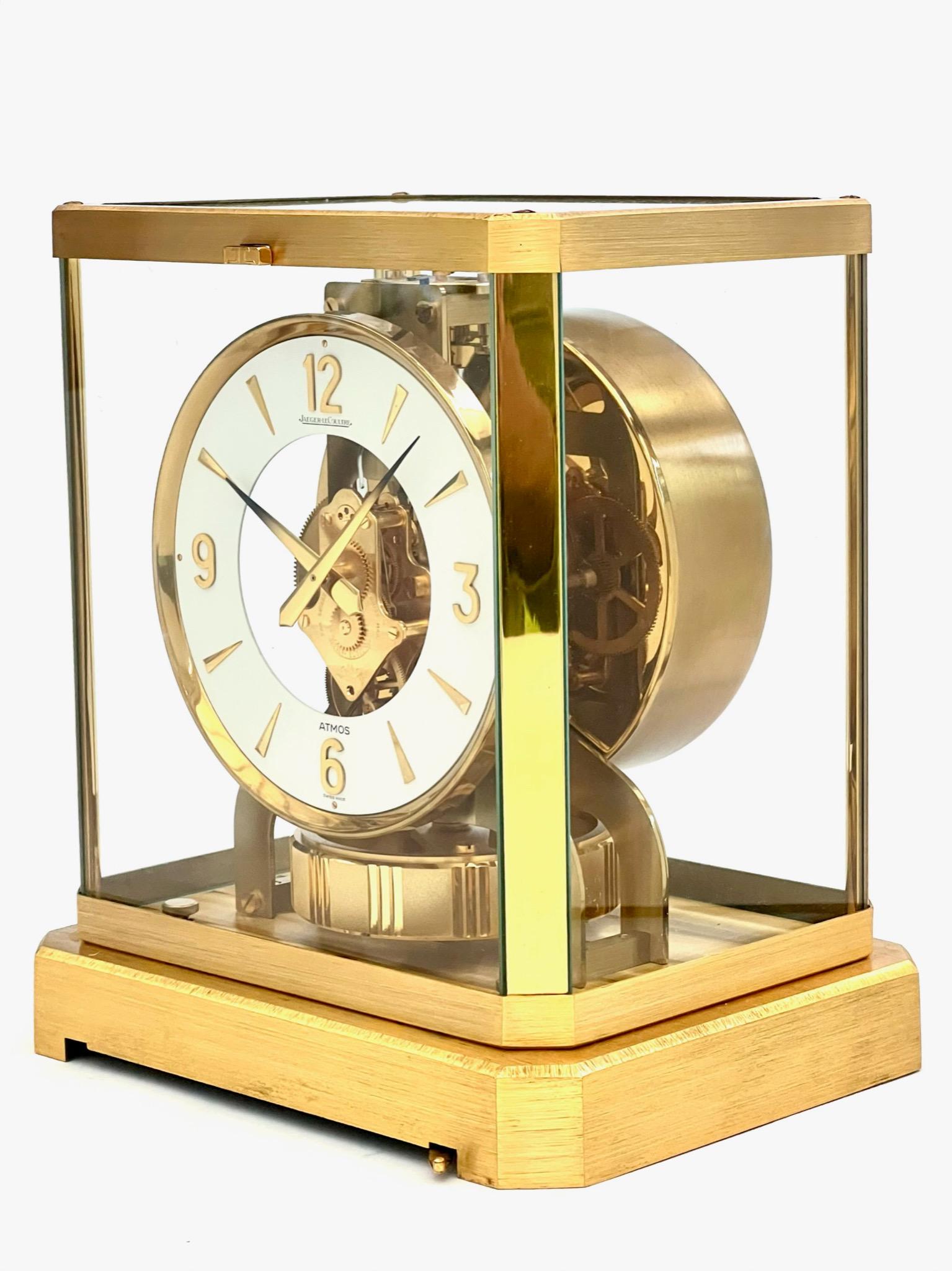 Swiss Jaeger LeCoultre Mid Century Gilt Brass and Glass Atmos Clock