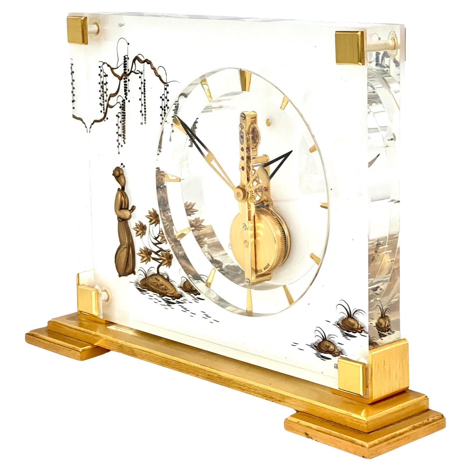 Jaeger LeCoultre Mid-Century Marina Mantel Clock with Oriental Theme No. 349 For Sale