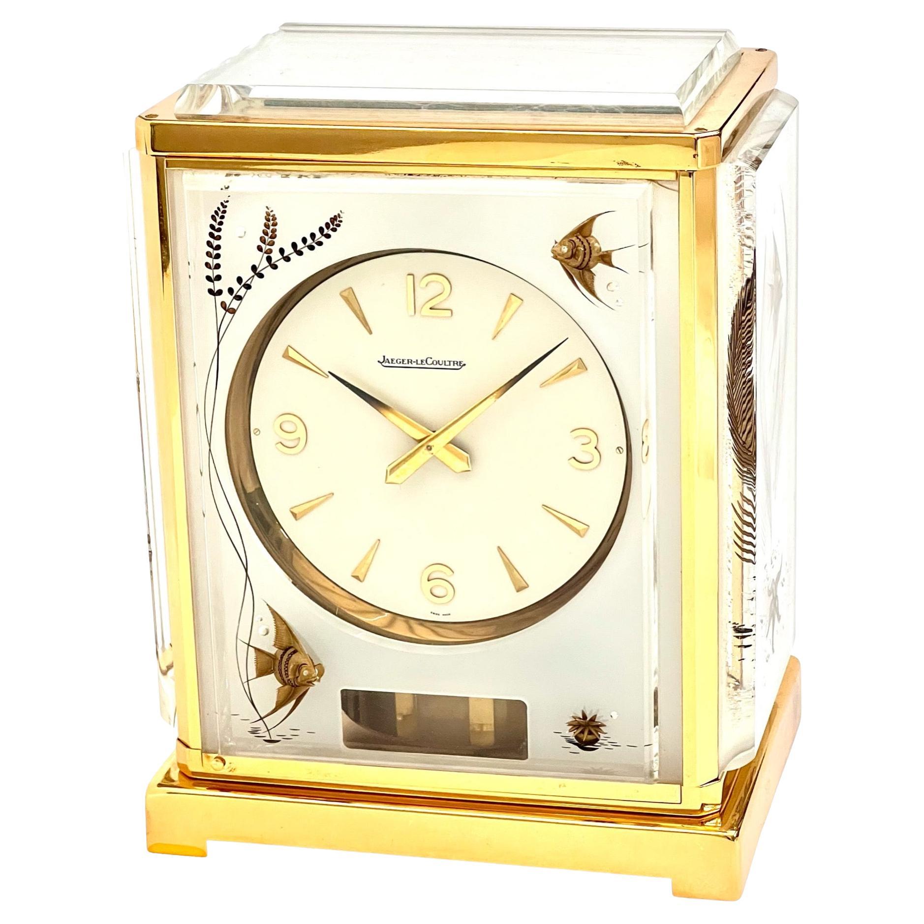 Horloge Atmos Marina Poissons en laiton et verre de Jaeger LeCoultre du milieu du siècle dernier