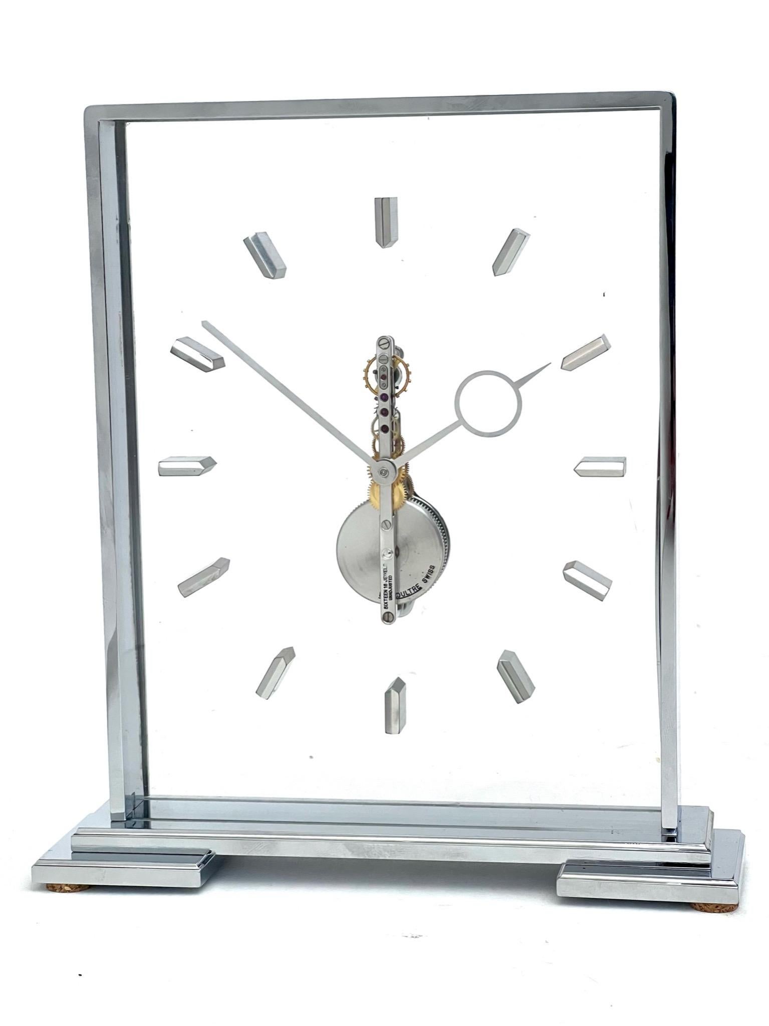 Stunning Jaeger LeCoultre Inline skeleton clock, with a clean minimalistic design which would look stylish in any setting. The beauty of these skeleton clocks is that you can see the 16 jewel Swiss movement working and watch the balance staff