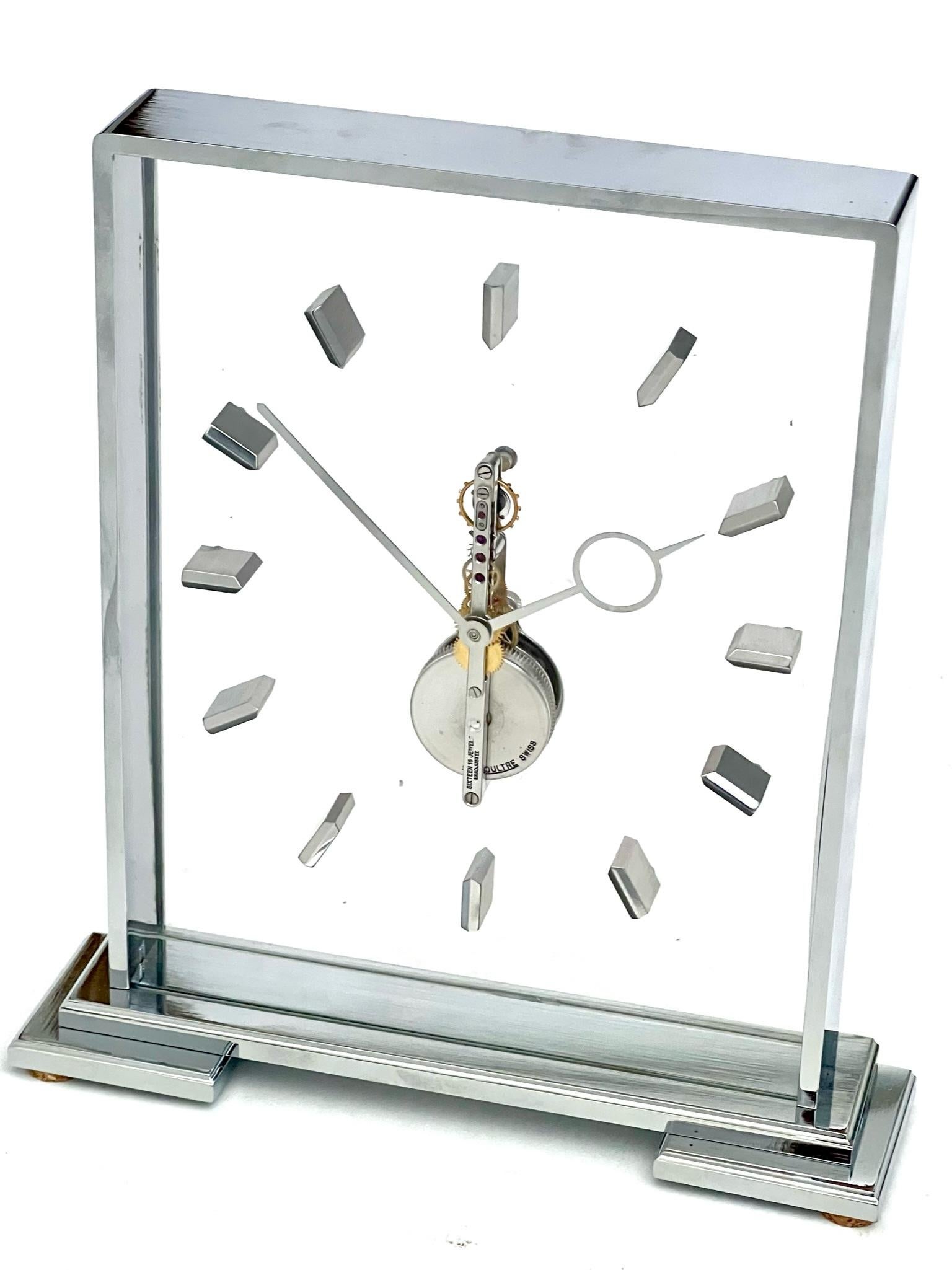 Chrome Jaeger-LeCoultre Mid Century Silver Skeleton Clock (horloge squelette)