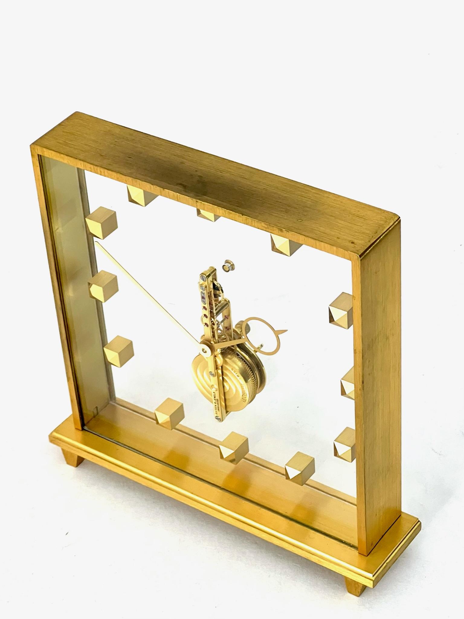 Stunning Jaeger-LeCoultre Inline Skeleton Clock, parading a clean minimalistic design suitable anywhere in the home, especially a table, mantelpiece or desk. 

Made with gilt brass and lucite, the beauty of these skeleton clocks is that you can