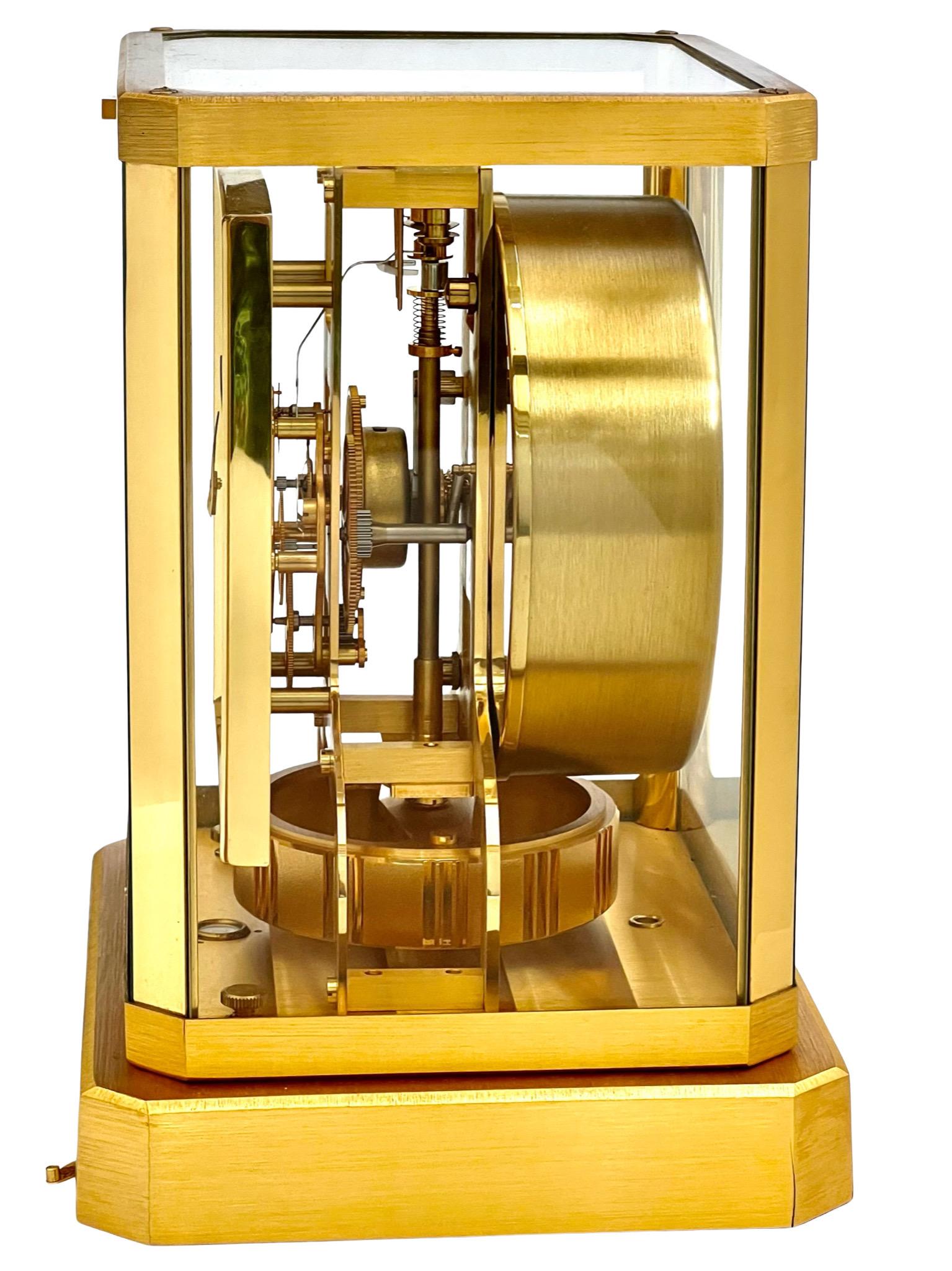 Swiss Jaeger LeCoultre Mid Century Square Dial Brass and Glass Atmos Clock 528-8