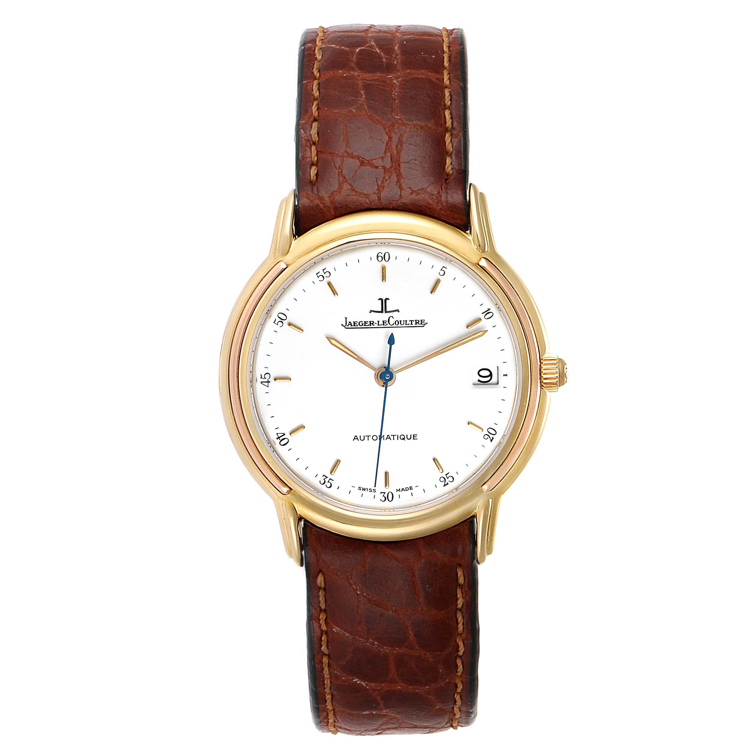 Jaeger Lecoultre Odysseus Yellow Gold Mens Watch 165.7.89. Self-winding automatic movement. Stainless steel case 34.5 mm in diameter. Concave lugs. Stainless steel bezel. Scratch resistant sapphire crystal. White dial with gold indexes , date