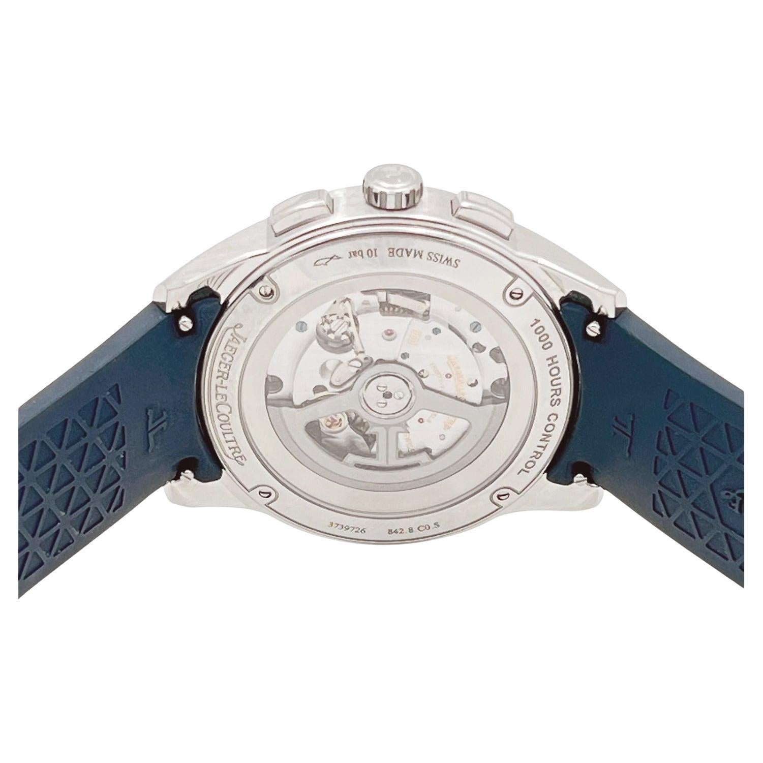 Pre-owned Jaeger-LeCoultre Polaris Chronograph (ref. Q9028181), featuring the JLC Caliber 761 automatic self-winding movement; blue lacquered, sunburst dial; sapphire-crystal exhibition case back; and 42mm, stainless steel case on an interchangeable