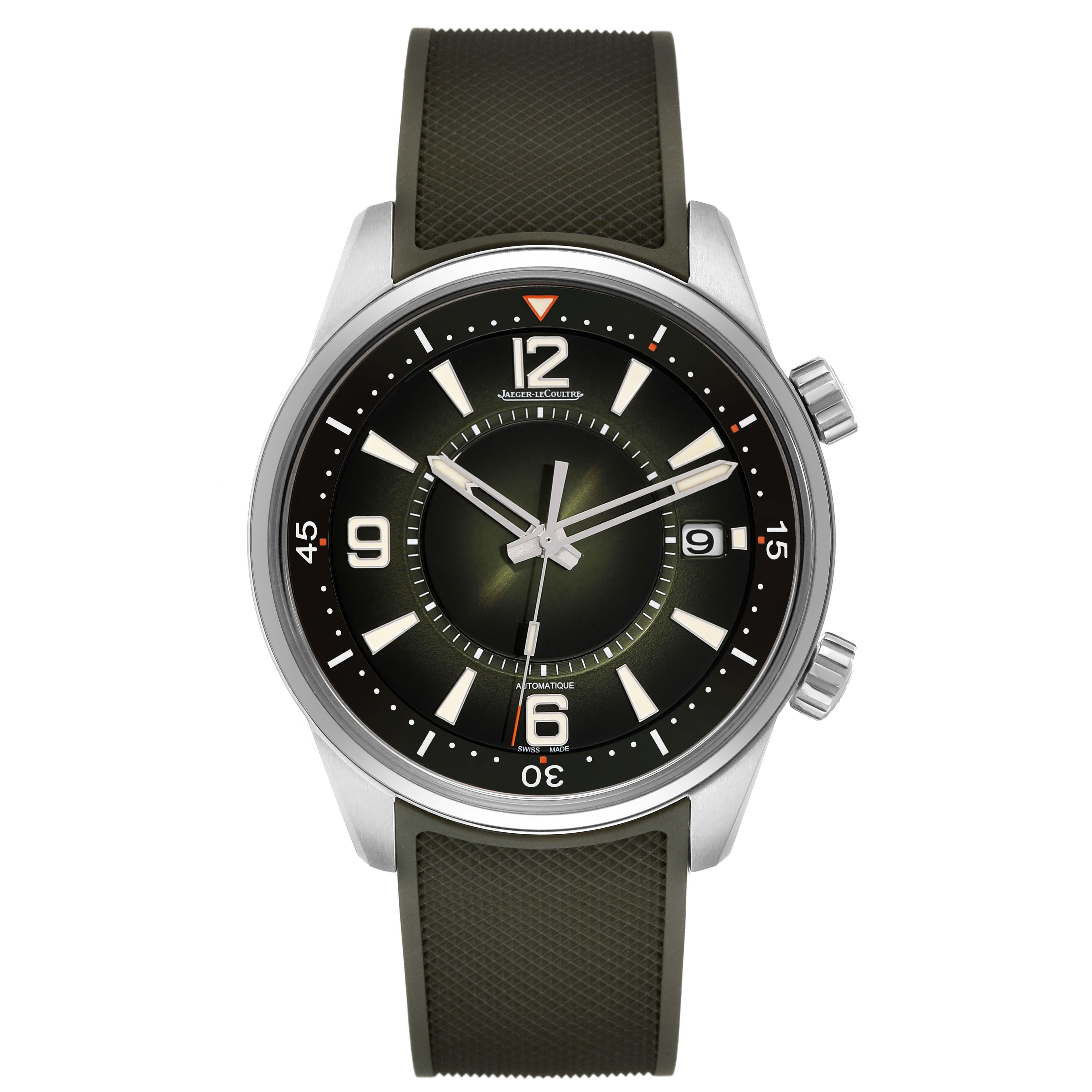 Jaeger LeCoultre Polaris Date Steel Mens Watch 857.8.A0.S Q906863J. Automatic self-winding movement. Stainless steel case 42 mm in diameter. Smooth stainless steel bezel. Scratch resistant sapphire crystal. Green dial with raised luminous index hour