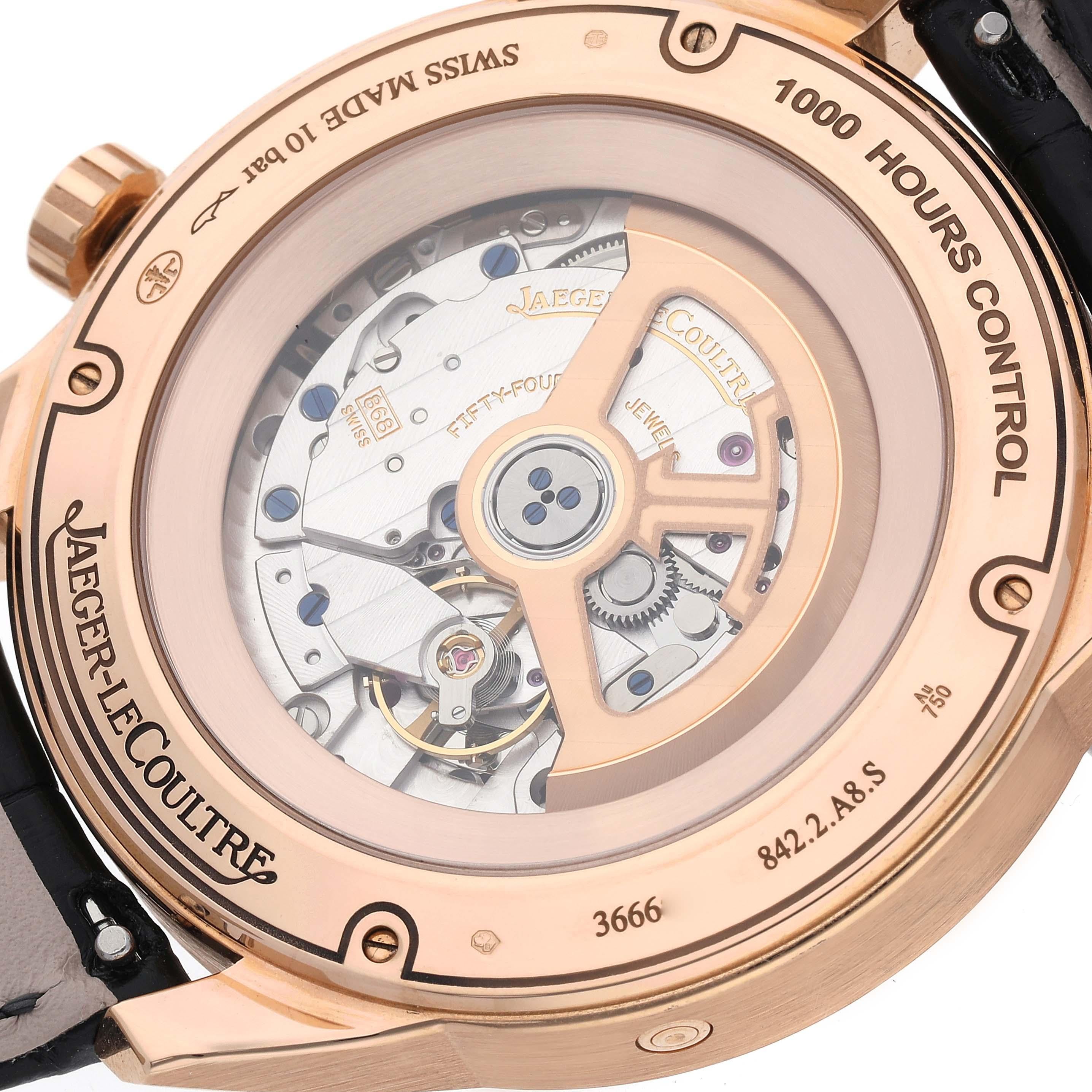 Jaeger LeCoultre Polaris Perpetual Calendar Rose Gold Mens Watch 842.2.A8.S Q9082680 Box Card. Self-winding automatic movement. 18k rose gold case 42.0 mm in diameter. Exhibition transparent sapphire crystal caseback. 18k rose gold smooth bezel.