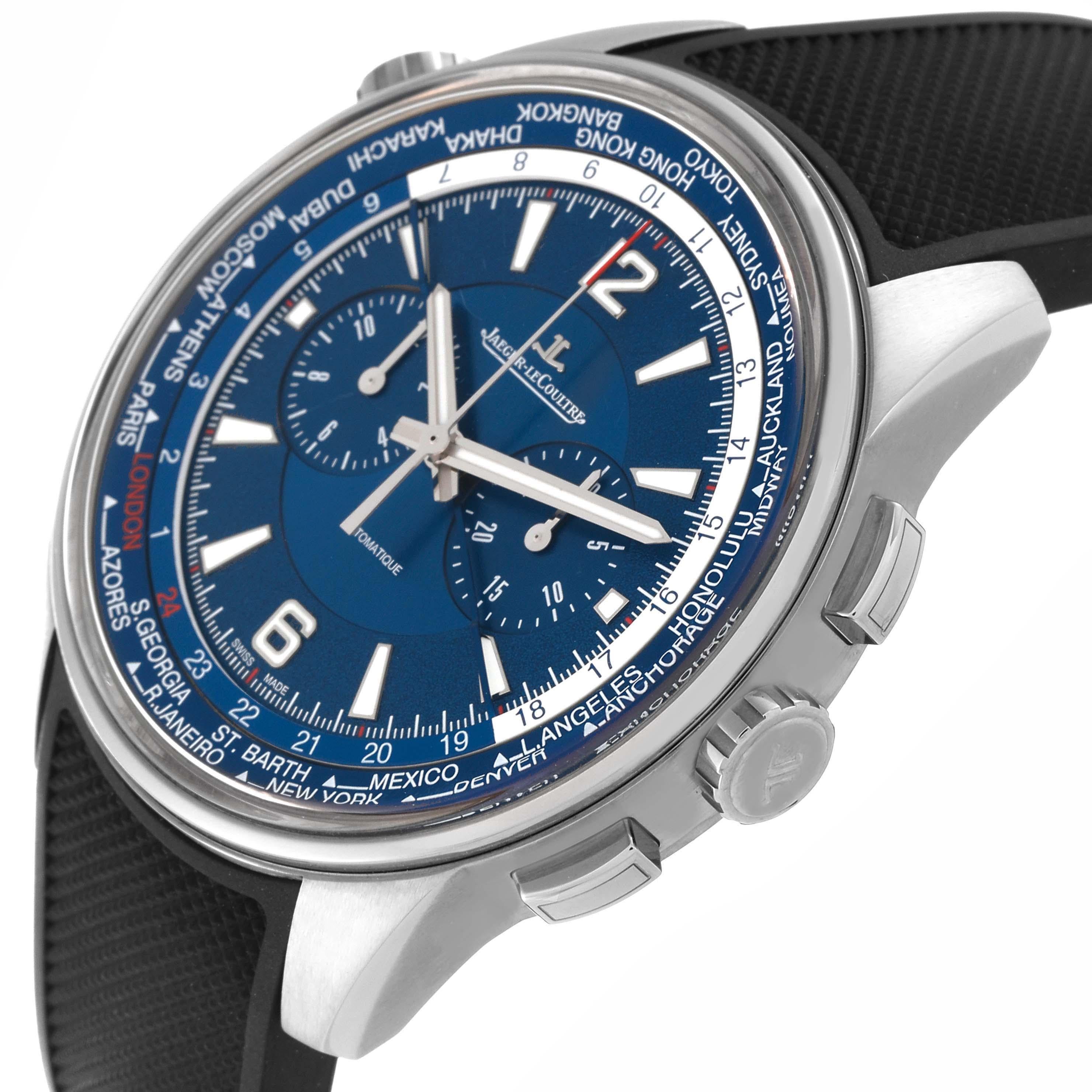 Jaeger LeCoultre Polaris World Time Titanium Mens Watch 844.T.C2.S Q905T480. Self-winding automatic chronograph movement. Titanium case 44 mm in diameter. Crown at 10 o'clock for adjusting the world time dial.  Exhibition transparent sapphire