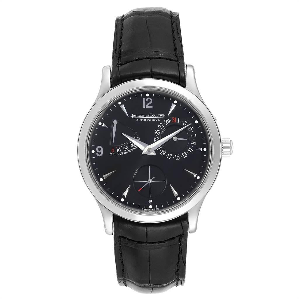 Jaeger Lecoultre Reserve De Marche Date Mens Watch 140.8.93.S. Self-winding automatic movement. Stainless steel two-body case 37.0 mm in diameter. Concave and curved lugs.Transparrent exhibition sapphire crystal caseback. Stainless steel inclined