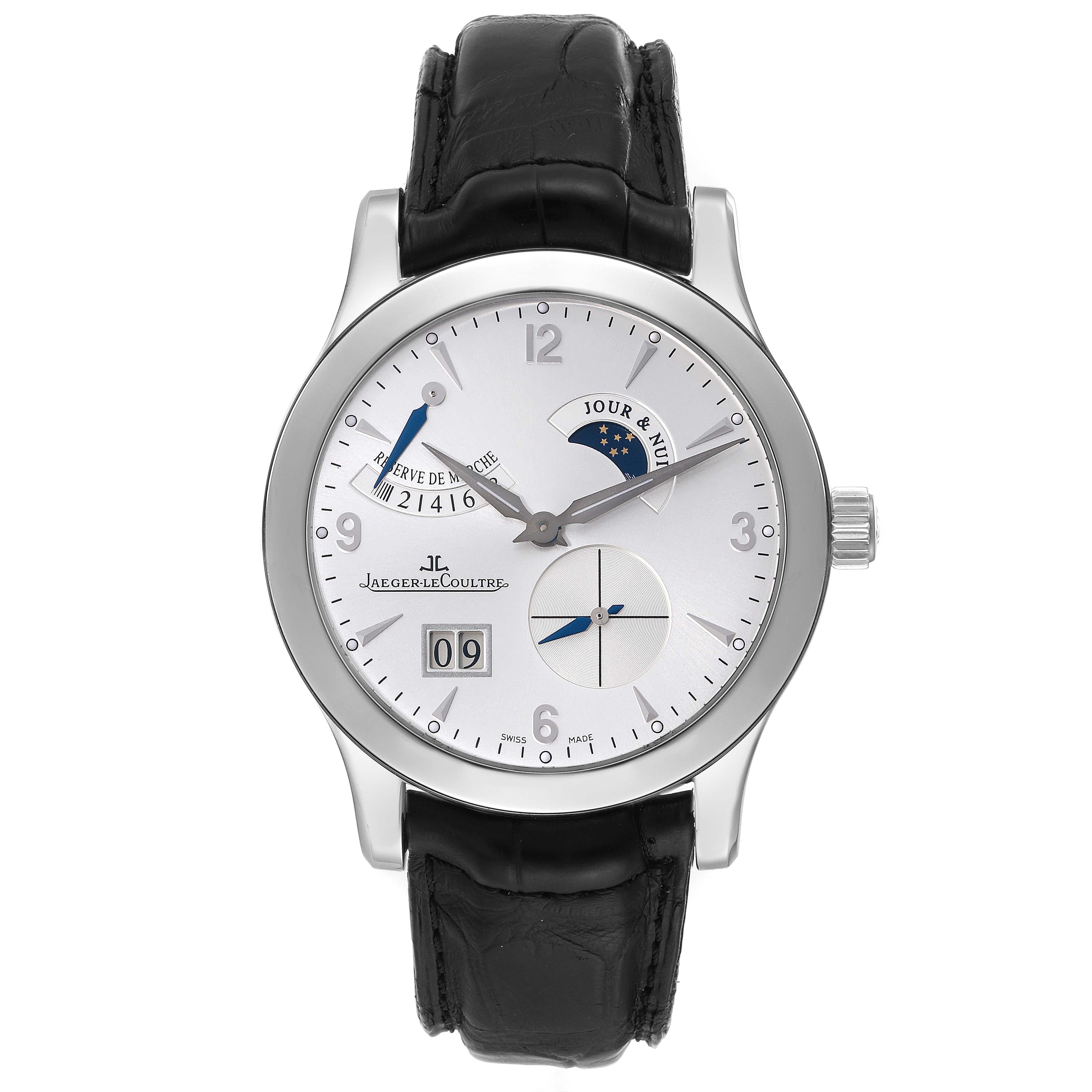Jaeger Lecoultre Reserve De Marche Steel Mens Watch 146.8.17.S Q1608420. Self-winding automatic movement. Rhodium-plated, fausses cotes decoration, straight line lever escapement, monometallic balance adjusted to 6 positions, shock absorber