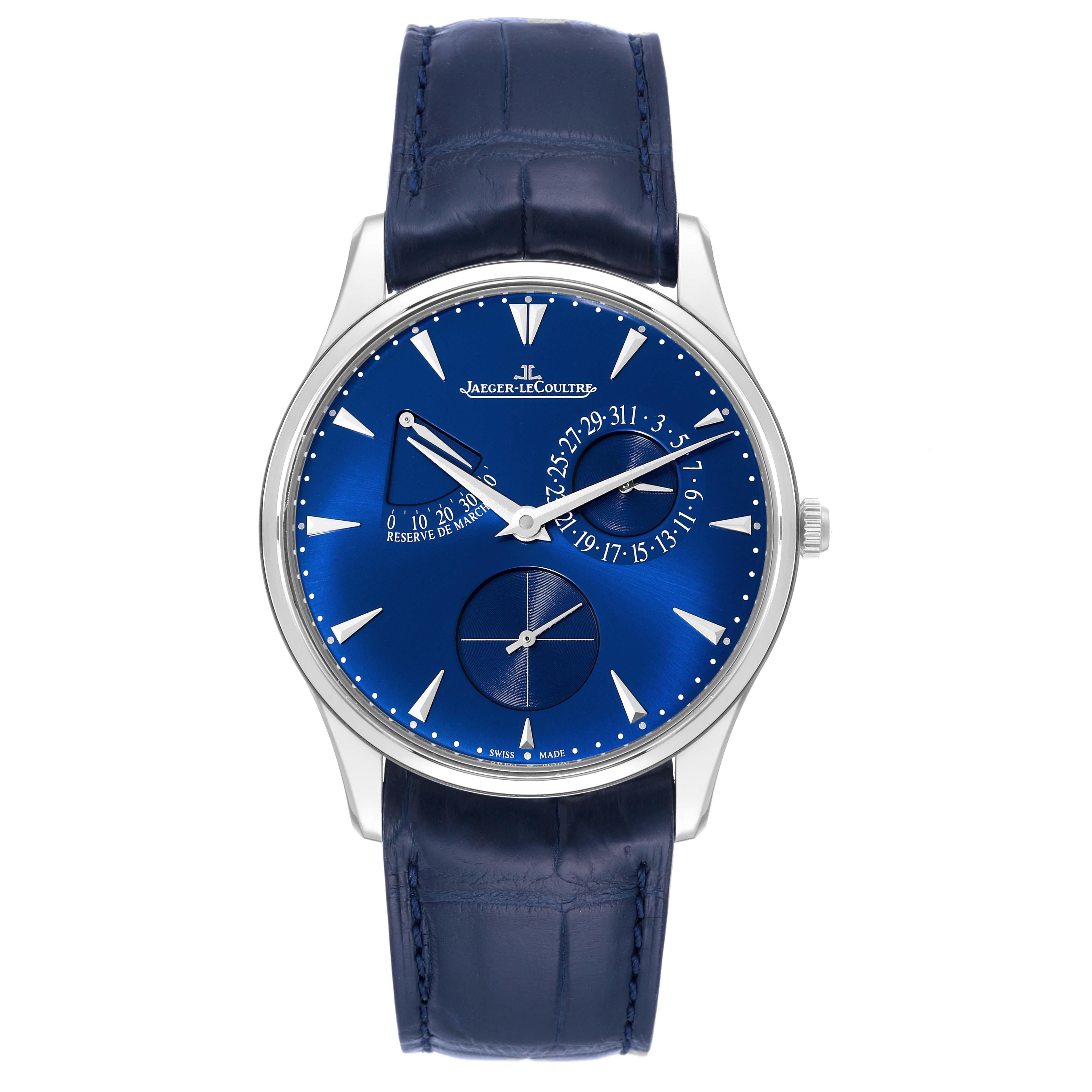Jaeger Lecoultre Reserve De Marche Steel Mens Watch 176.8.38.S Q1378480 Papers. Self-winding automatic movement. Stainless steel two-body case 37.0 mm in diameter. Case thickness: 10 mm. Concave and curved lugs. Stainless steel inclined bezel.