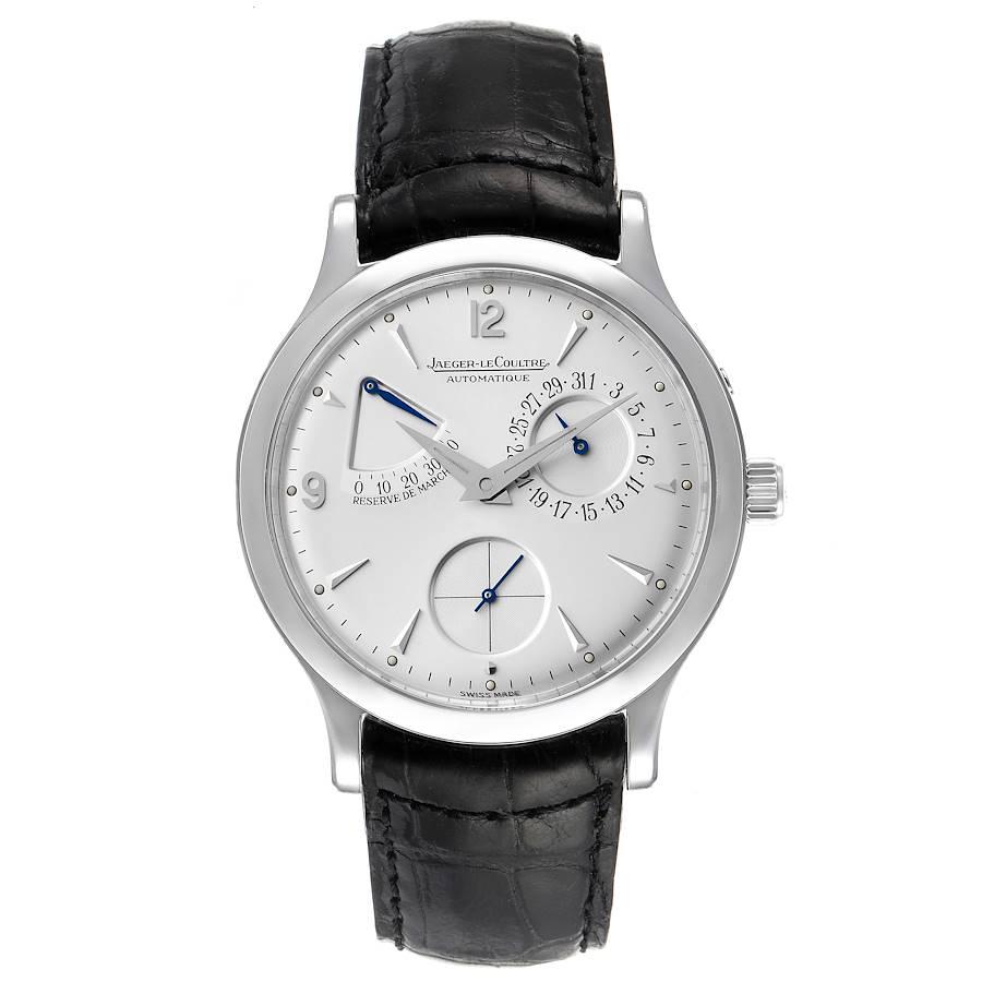 Jaeger Lecoultre Reserve De Marche Steel Silver Dial Mens Watch 140.8.93. Self-winding automatic movement. Stainless steel two-body case 37.0 mm in diameter. Case thickness: 10 mm. Concave and curved lugs. Stainless steel inclined bezel. Scratch