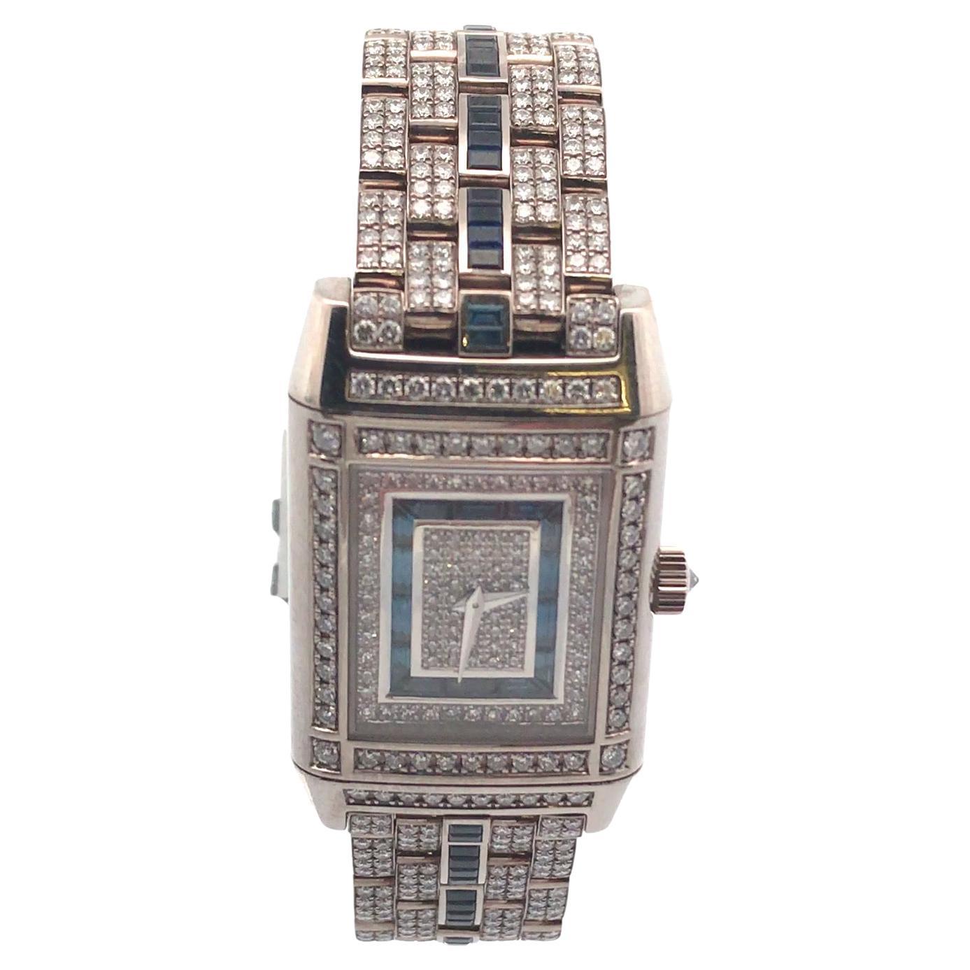 Jaeger LeCoultre "Reverso" 18 Karat White Gold Diamond and Sapphire Watch