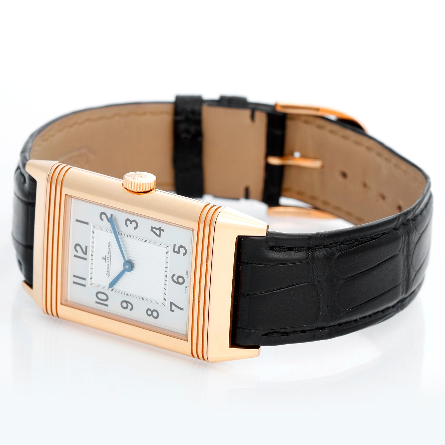 Jaeger - LeCoultre Reverso 18k Rose Gold Men's Watch 227.2.62 - Manual winding. 18k rose gold Reverso case  (27mm x 45mm). Silver dial with black Arabic numerals; reverses to a solid case. Black Jaeger-LeCoultre alligator strap and 18k rose gold