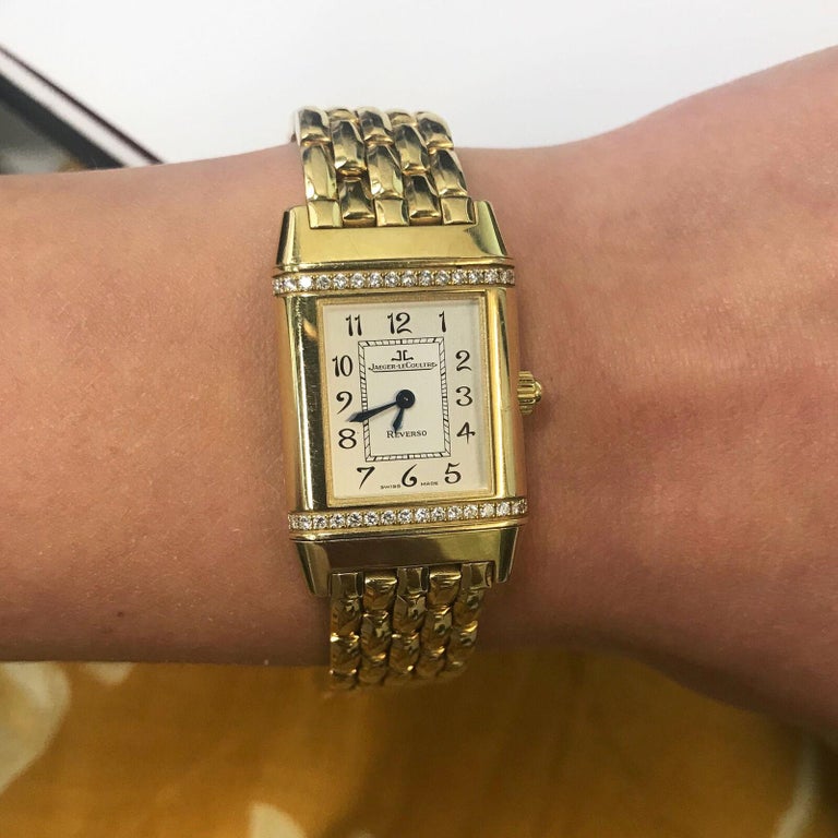 JaegerLeCoultre Reverso 18 Karat Gold Diamond Quartz Ladies Watch 265.1.08 For Sale at 1stdibs