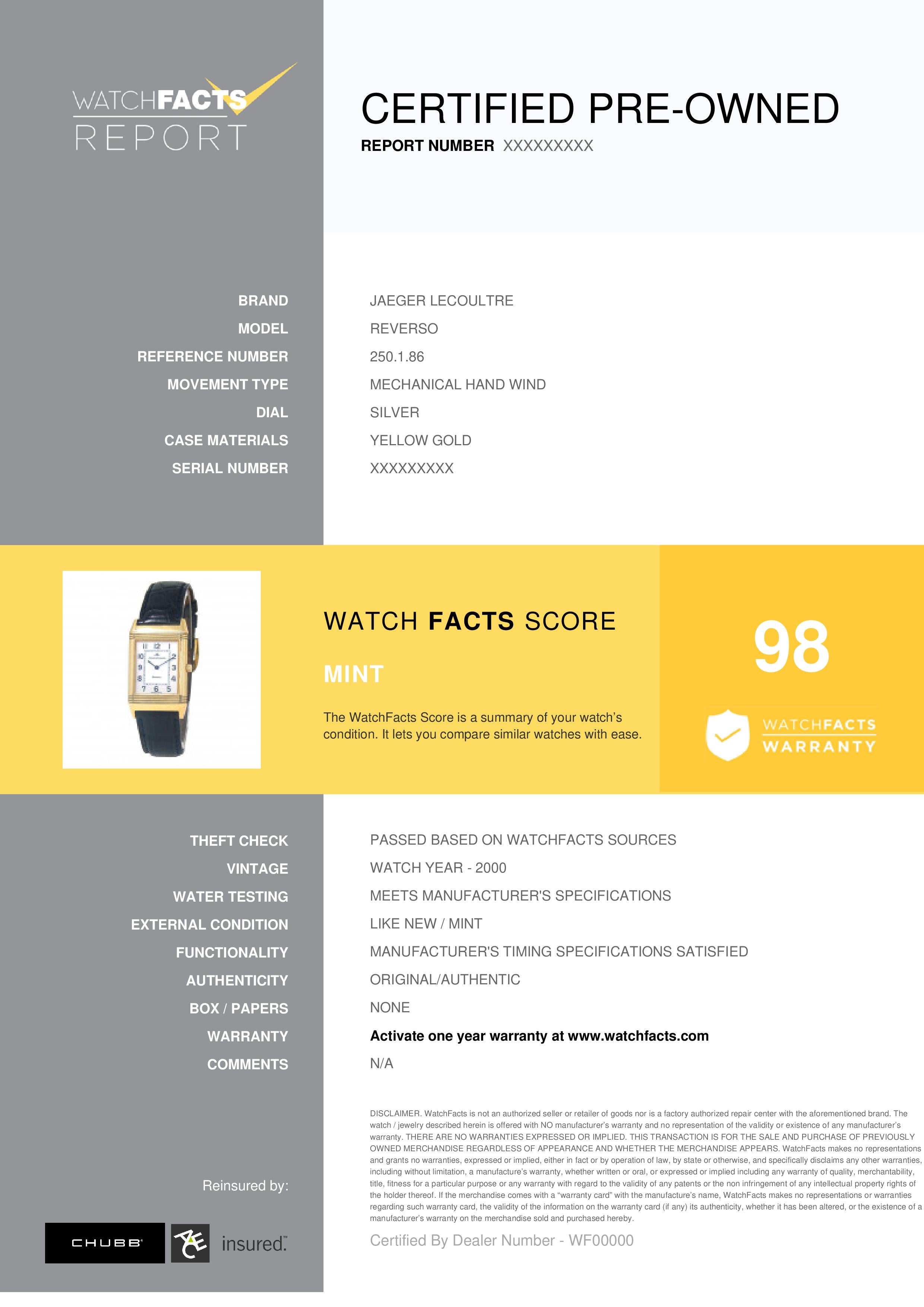 Jaeger LeCoultre Reverso Referenz #: 250.1.86. Mechanische Handaufzugsuhr für Damen Gelbgold Silber 23 MM. Geprüft und zertifiziert von WatchFacts. 1 Jahr Garantie:: angeboten von WatchFacts