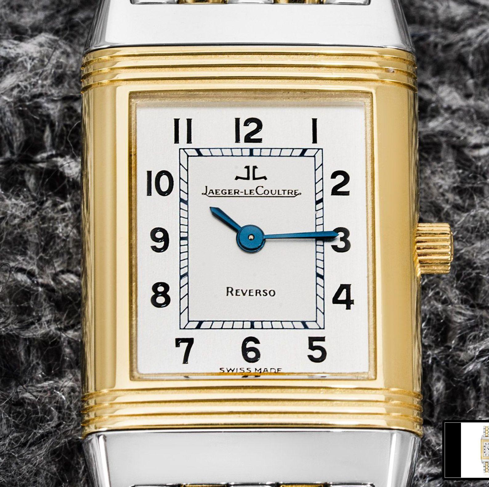 A stainless steel and yellow gold Jaeger LeCoultre Reverso. Featuring a silver dial with arabic numbers and a reversible yellow gold side.

Fitted with a sapphire glass and powered by a quartz movement. The watch is also equipped with a steel and