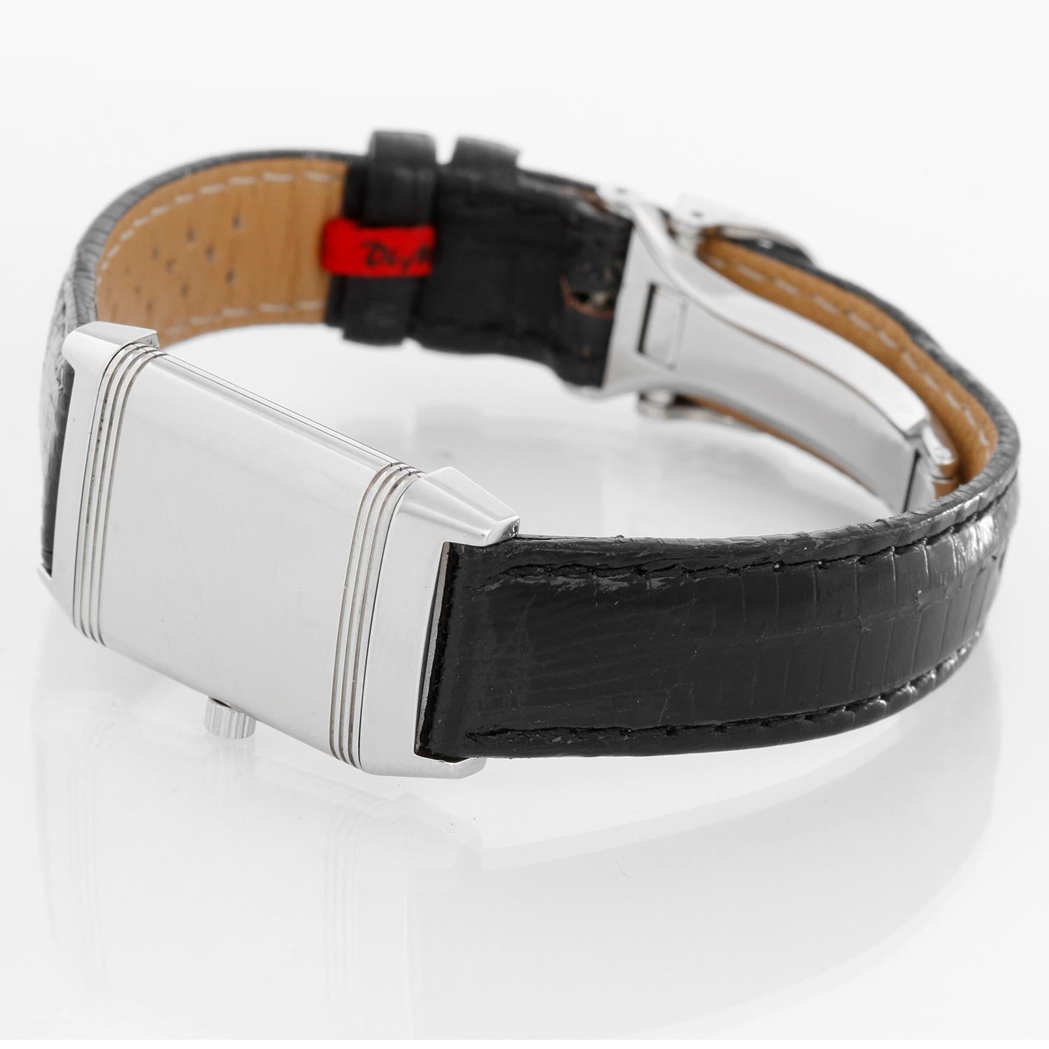 Jaeger LeCoultre Reverso 260.8.08 Stainless Steel Watch - Quartz. Stainless steel ( 20mm x 32mm ). Silver dial with Arabic roman numerals and subdial at 6 o'clock. Black alligator strap with deployant  clasp. Pre-owned with custom box. 