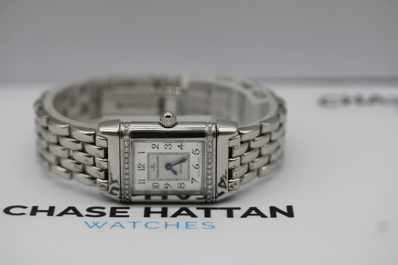 Jaeger-LeCoultre Reverso 265.8.08  Factory Diamond Lünette Quarz Stahlarmband im Zustand „Gut“ im Angebot in London, GB