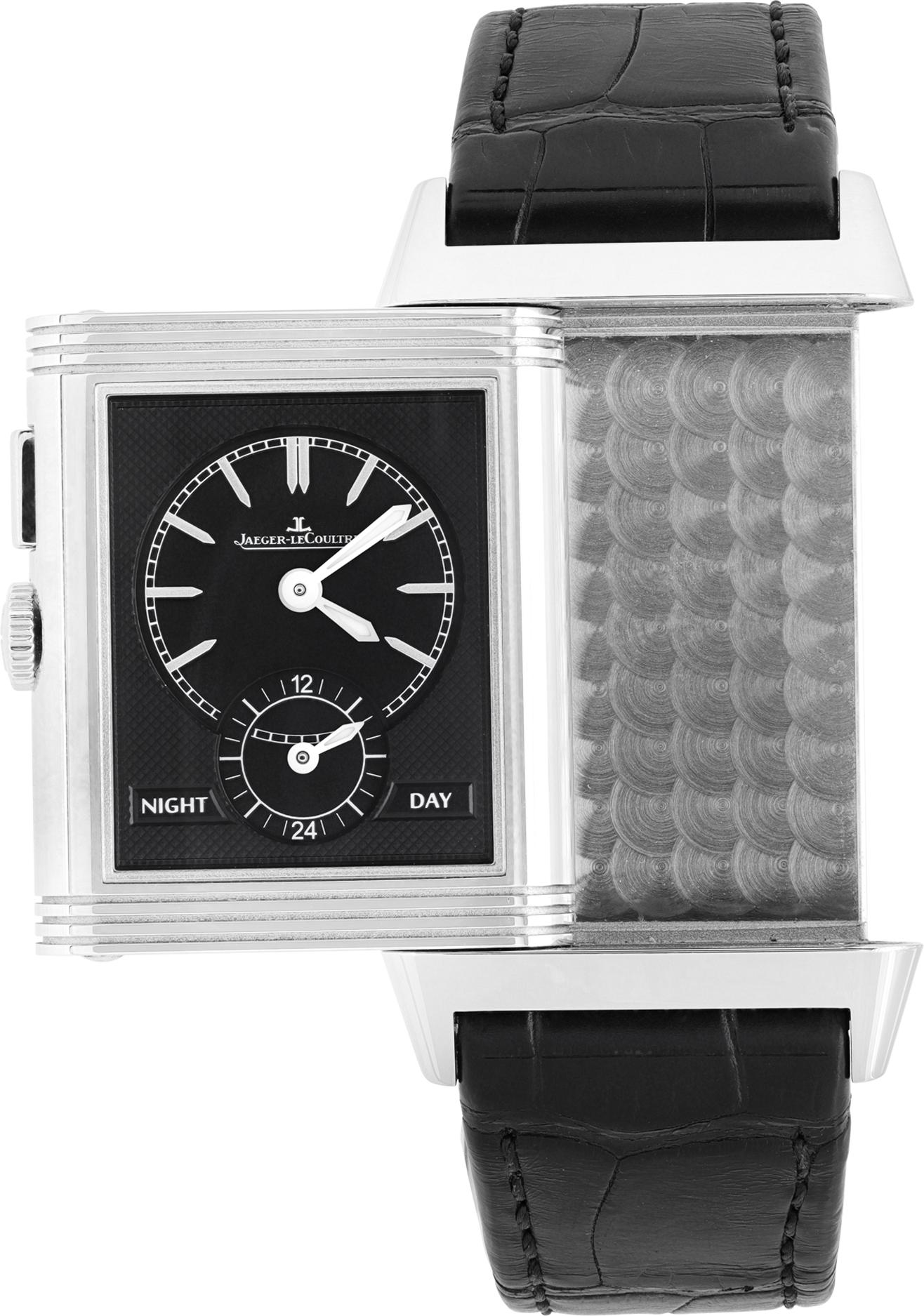 Jaeger-LeCoultre Grande Reverso Ultra Thin Duoface in stainless steel & alligator. Manual w/ dual time. 46.5 mm length (lug to lug) by 27.5 mm width case size. With box and papers. Ref 278.8.54. Circa 2016 Fine Pre-owned Jaeger LeCoultre Watch.

