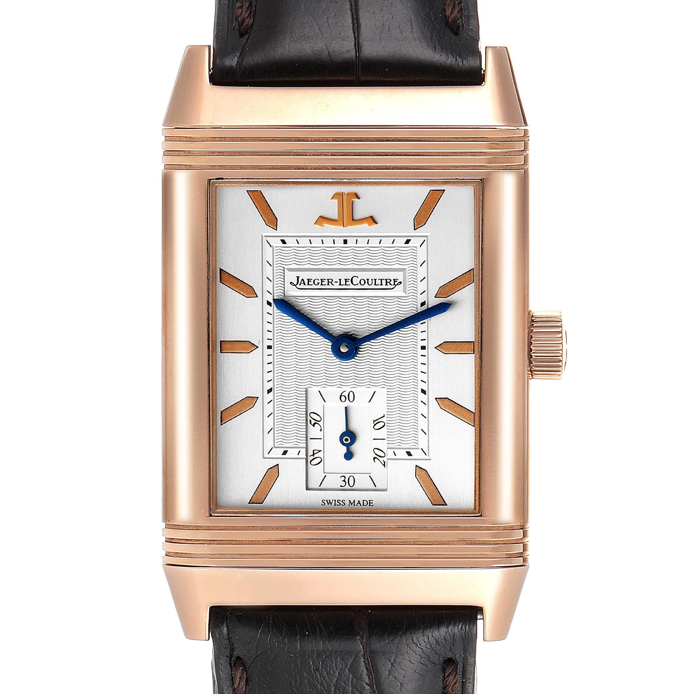 Jaeger LeCoultre Reverso Art Deco Style Rose Gold Mens Watch 270.2.62 Q270262. Manual-winding movement. 18K rose gold 42.0 x 26.0 mm rectangular case with reeded ends rotating within its back plate. 18K rose gold reeded bezel. Scratch resistant