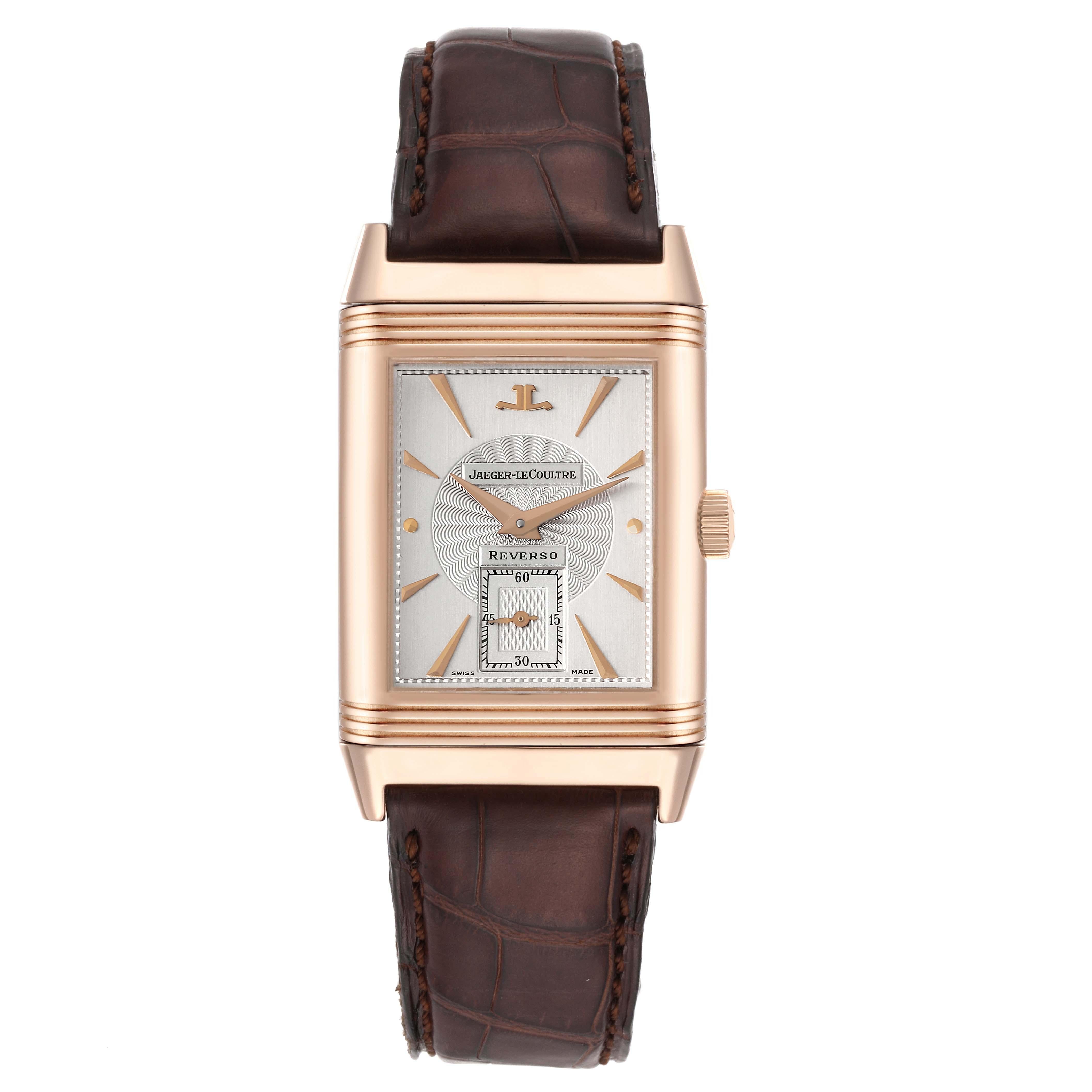 Jaeger LeCoultre Reverso Art Deco Rose Gold Silver Dial Mens Watch 270.2.62. Manual-winding movement. 18K rose gold 42.0 x 26.0 mm rectangular case with reeded ends rotating within its back plate. . Scratch resistant sapphire crystal. Silver dial