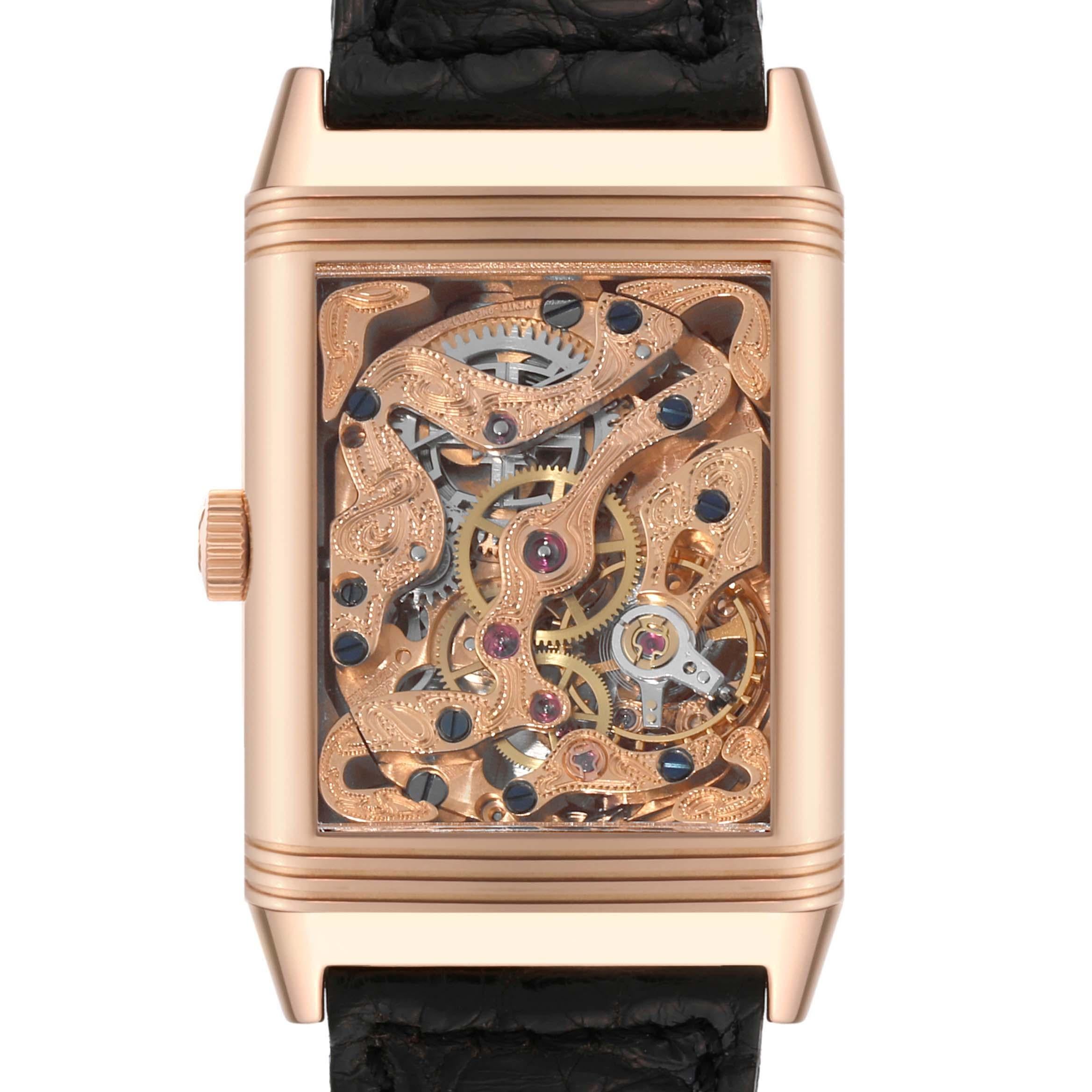 Jaeger LeCoultre Reverso Art Deco Rose Gold Silver Dial Mens Watch 270.2.62. Manual-winding movement. 18K rose gold 42.0 x 26.0 mm rectangular case with reeded ends rotating within its back plate. 18K rose gold reeded bezel. Scratch resistant