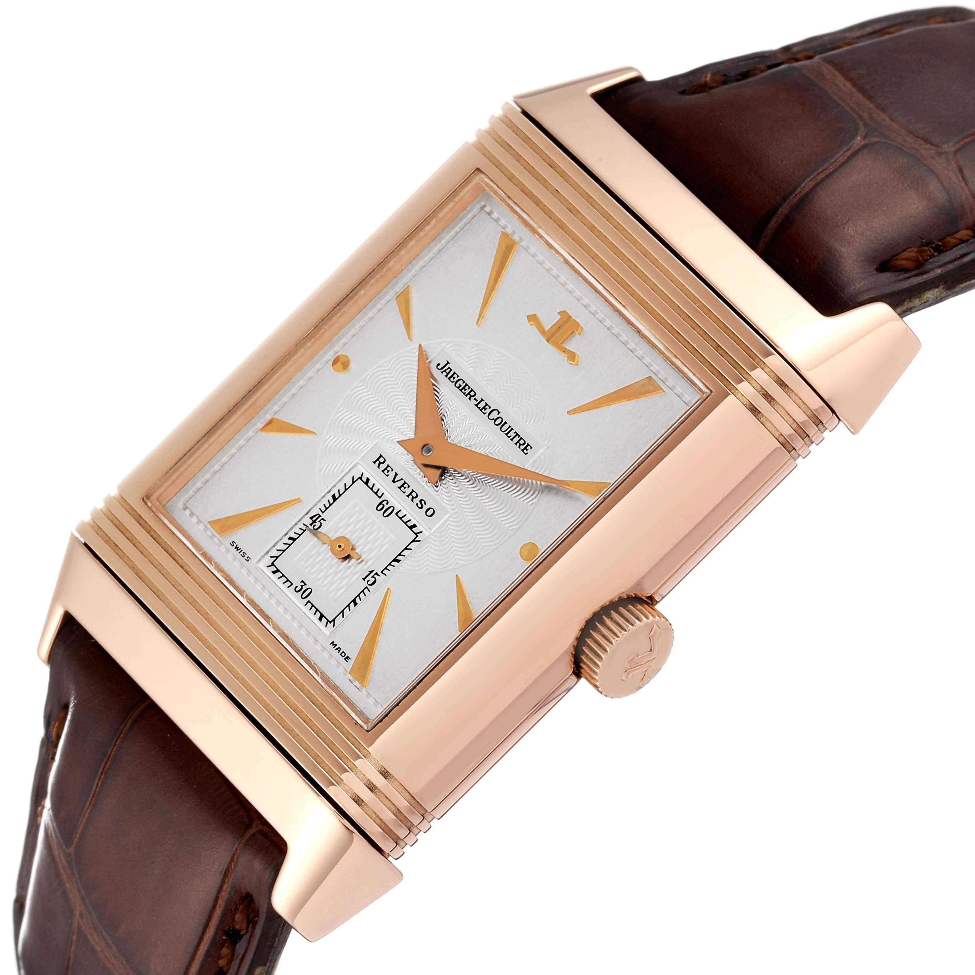 Jaeger LeCoultre Reverso Art Deco Rose Gold Silver Dial Mens Watch 270.2.62 In Excellent Condition In Atlanta, GA