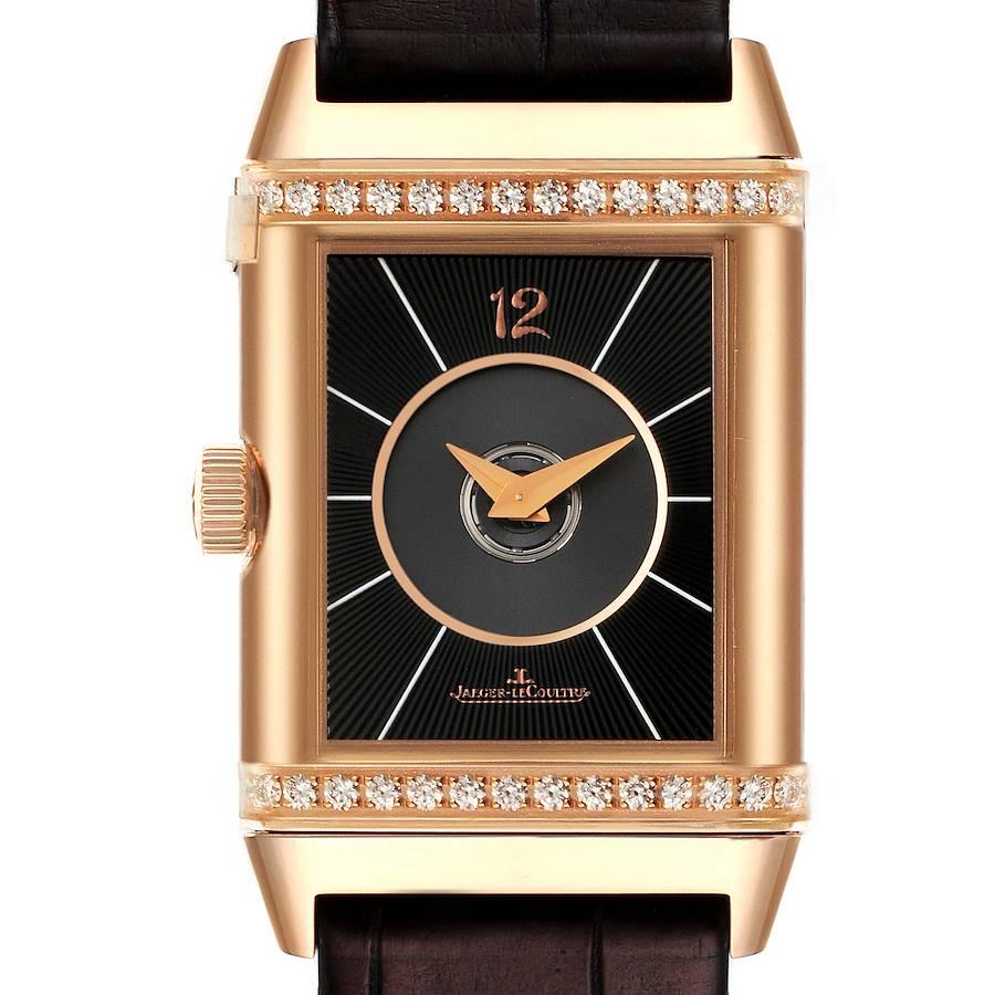 Jaeger LeCoultre Reverso Classic Duetto Rose Gold Uhr 250.2.86 Q2572420. Automatisches Uhrwerk mit Selbstaufzug. rechteckiges Gehäuse aus 18 Karat Roségold, 40,0 x 24,0 mm, mit geriffelten Enden, die sich in der Bodenplatte drehen. (1) Gerippte