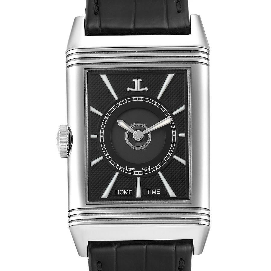 Jaeger LeCoultre Reverso Classic Large Duoface Day Night Steel Mens Watch 215.8.S9 Q3838420. Automatic self-winding movement. Stainless steel five-body 47 mm x 28.3 mm rectangular rotating case. Stainless steel reeded bezel. Scratch resistant