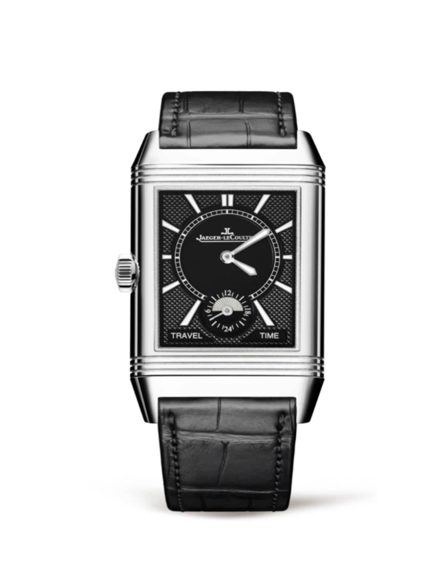 Jaeger-LeCoultre Men's Reverso Classic Large Duoface Hand-Wound 28mm Stainless Steel & Alligator Watch. Features classic face, or swivel the case over to reveal a more contrasting face that offers a second time zone, perfect for any traveler.