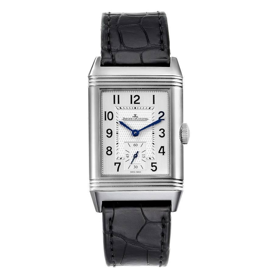 Jaeger LeCoultre Reverso Classic Mens Watch 214.8.62 Q3858520 Box Papers. Automatic self-winding movement. Stainless steel five-body 45.6 mm x 27.4 mm rectangular rotating case. Case thickness: 8.5 mm. Solid case back. Stainless steel reeded bezel.