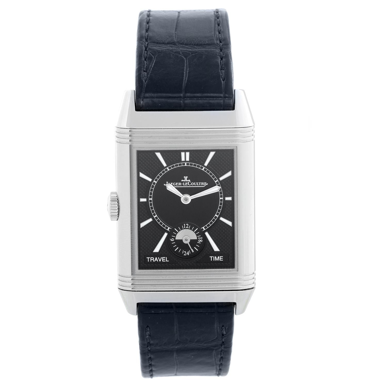 Jaeger-LeCoultre Reverso Classic Q3848420 Men's Watch  - Manual winding 19 jewel. Stainless steel case (47 X 28.3mm). Silver dial with Arabic numerals, black dial with stick markers. JLC Strap band with stainless steel Jaeger deployant clasp.