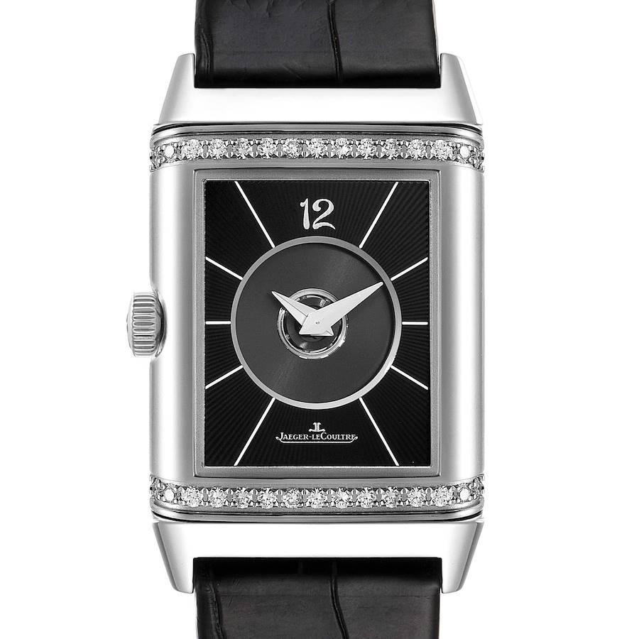 Jaeger LeCoultre Reverso Classic Steel Diamond Watch 212.8.76 Q2578420 Box Paper. Automatic self-winding movement. Stainless steel 24.0 x 40.0 mm case rectangular case with reeded ends, rotating within its back plate. Stainless steel diamond bezel.