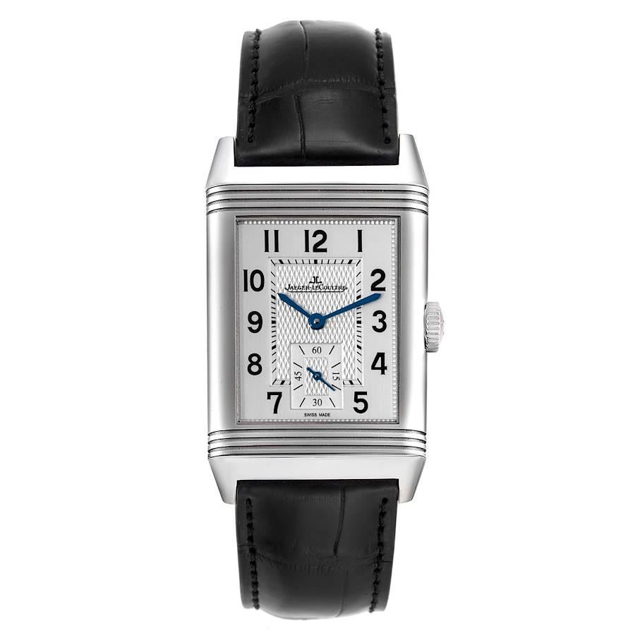Jaeger LeCoultre Reverso Classic Steel Mens Watch 214.8.62 Q3858520. Manual winding movement. Stainless steel five-body 45.6 mm x 27.4 mm rectangular rotating case. Case thickness: 8.5 mm. Solid case back. Stainless steel reeded bezel. Scratch