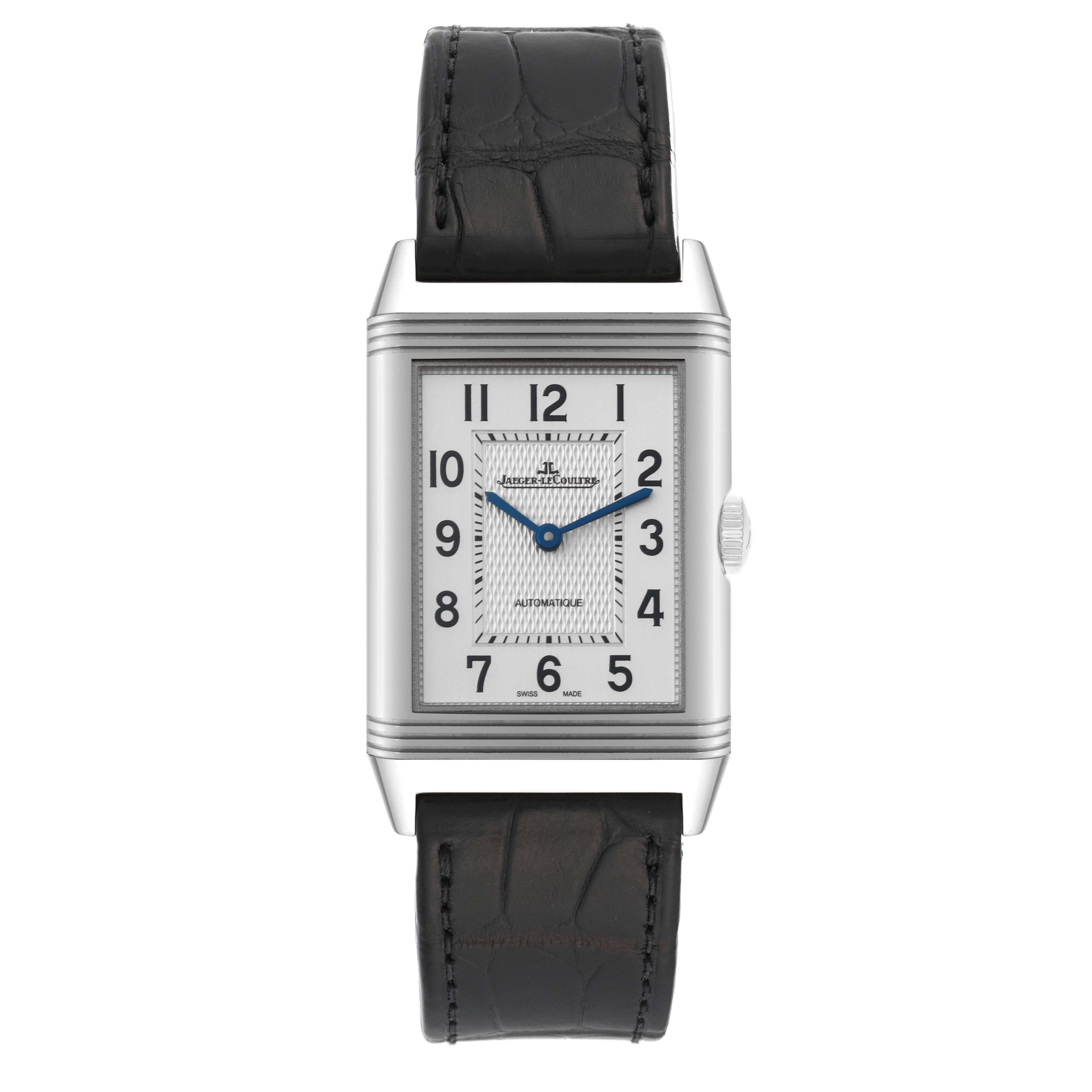 Jaeger LeCoultre Reverso Classic Steel Mens Watch 214.8.S5 Q3828420 Box Papers. Automatic self-winding movement. Stainless steel rectangular rotating case, 45 mm x 27.4 mm. Case thickness: 8.5 mm. Solid case back. Stainless steel reeded bezel.