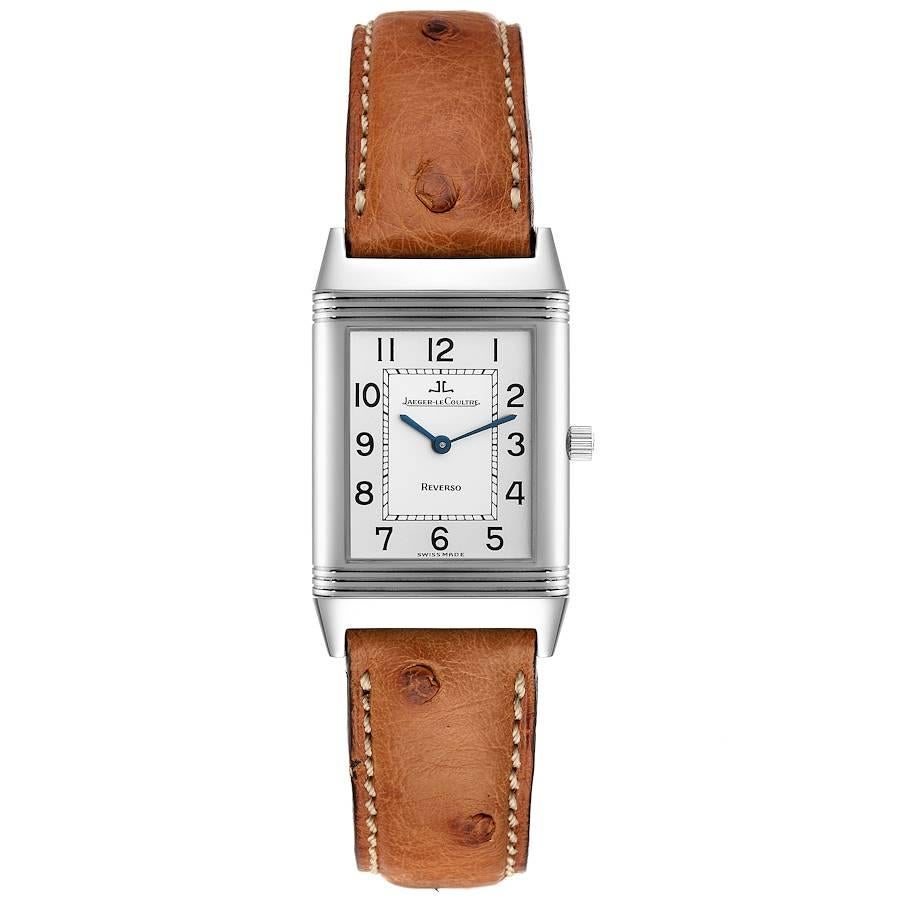 Jaeger LeCoultre Reverso Classique Silver Dial Mens Watch 250.8.86. Manual winding movement. Stainless steel 38.5 x 23 mm rectangular case with reeded ends rotating within its back plate. Stainless steel bezel. Scratch resistant sapphire crystal.