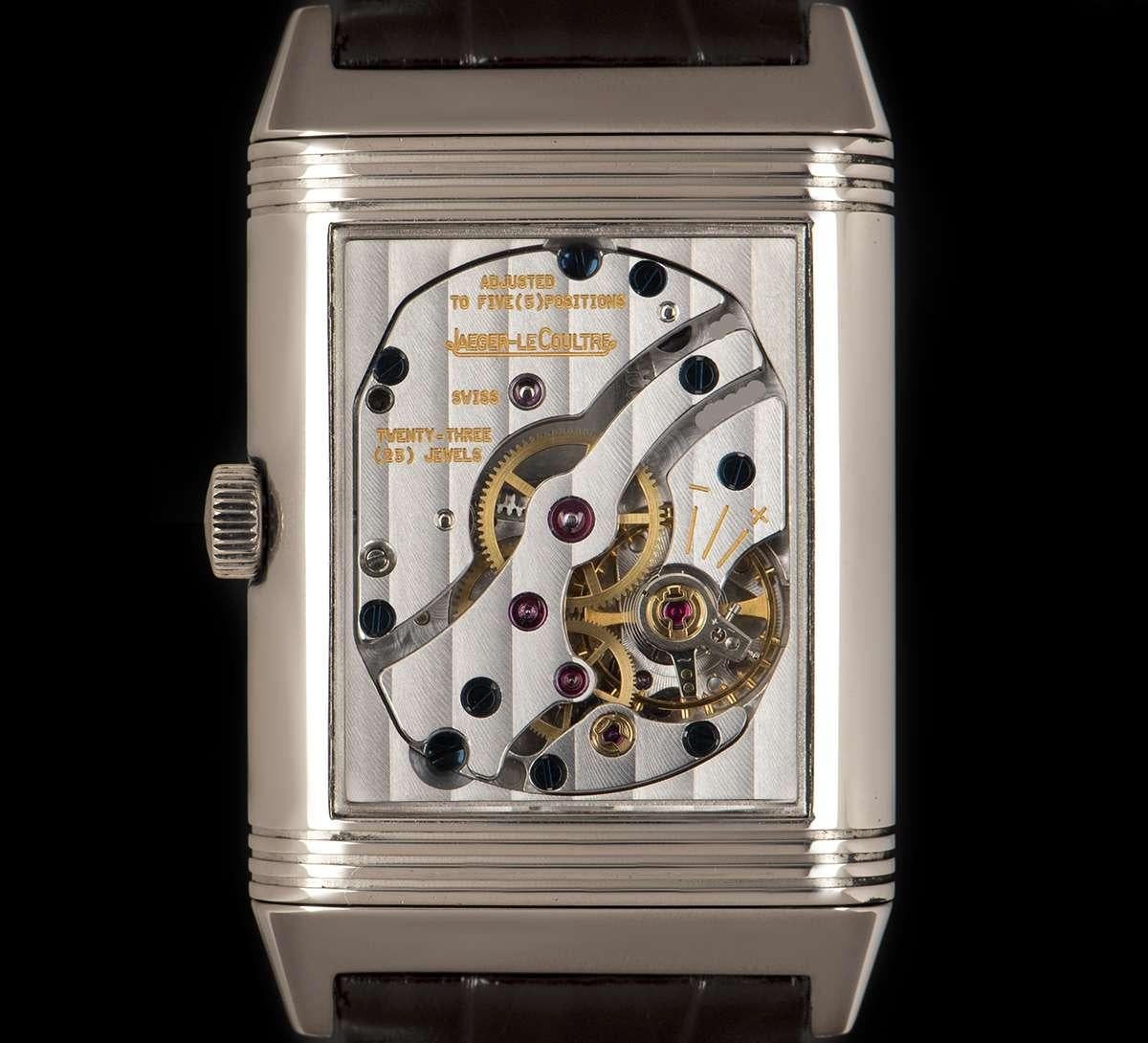 An 18k White Gold Day & Night Reverso Gents Wristwatch, black dial with arabic numbers, day & night indicator between 1 and 2 0'clock, small seconds and moonphase display at 6 0'clock, 40 hour power reserve indicator between 10 and 11 0'clock,