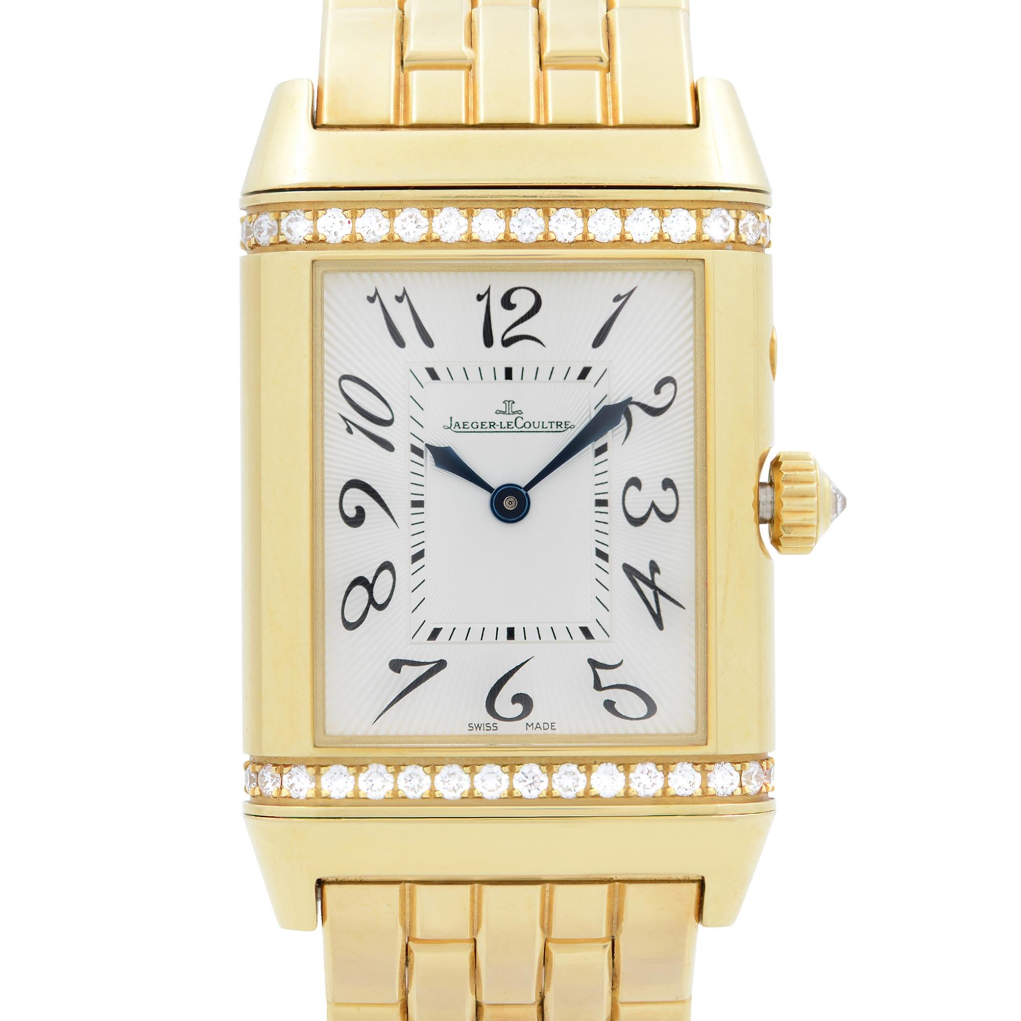 Pre-owned Jaeger-LeCoultre Reverso Duetto 18K Yellow Gold Diamond Hand-wind Ladies Watch 269.1.54.  Dual time. This Beautiful Timepiece Features: Reversible Case with Different Dials on Each Side as Shown on Pictures. No Original Box and Papers are