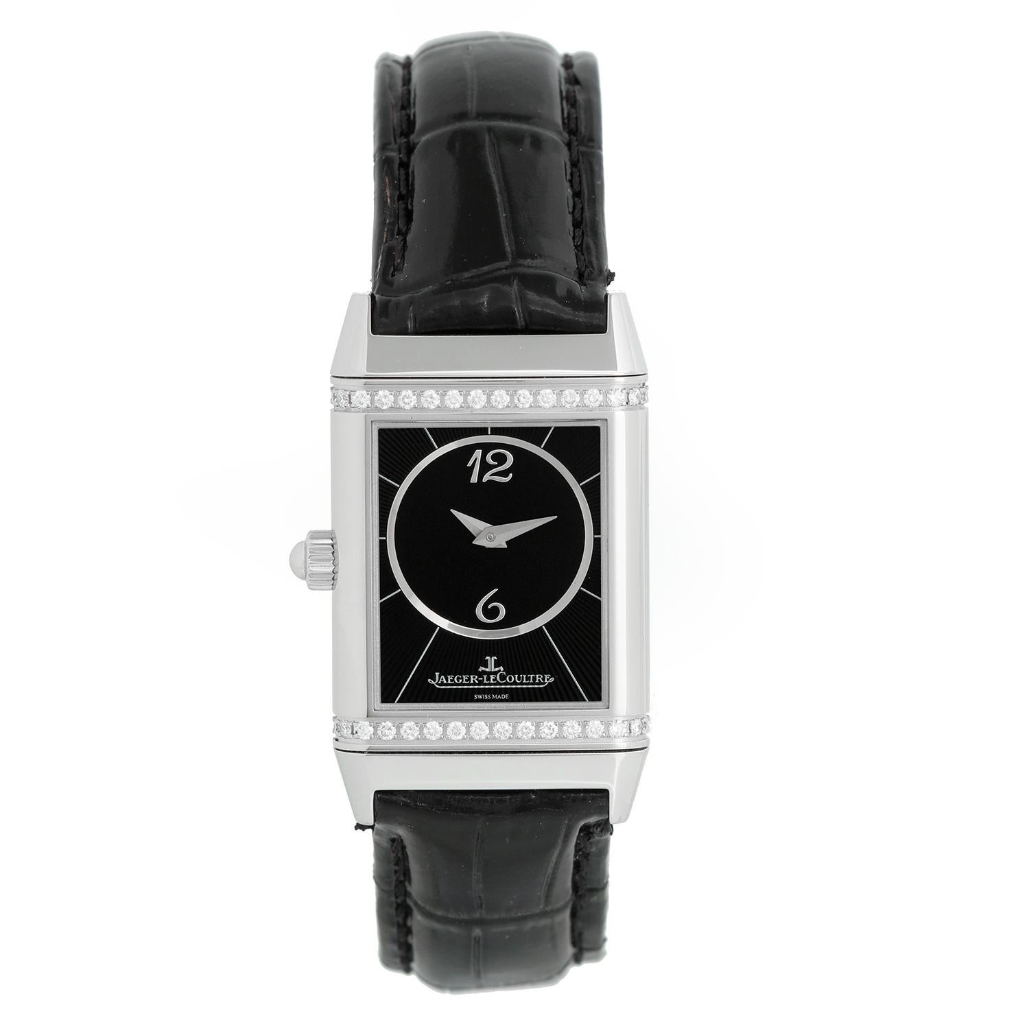 Jaeger LeCoultre Reverso Duetto Classique Ladies Steel Watch with Diamonds 265.8.75 - Manual winding movement. Stainless steel case (23mm x 39mm); reverses to stainless case with diamond top and bottom. White dial with Arabic roman numerals reverses