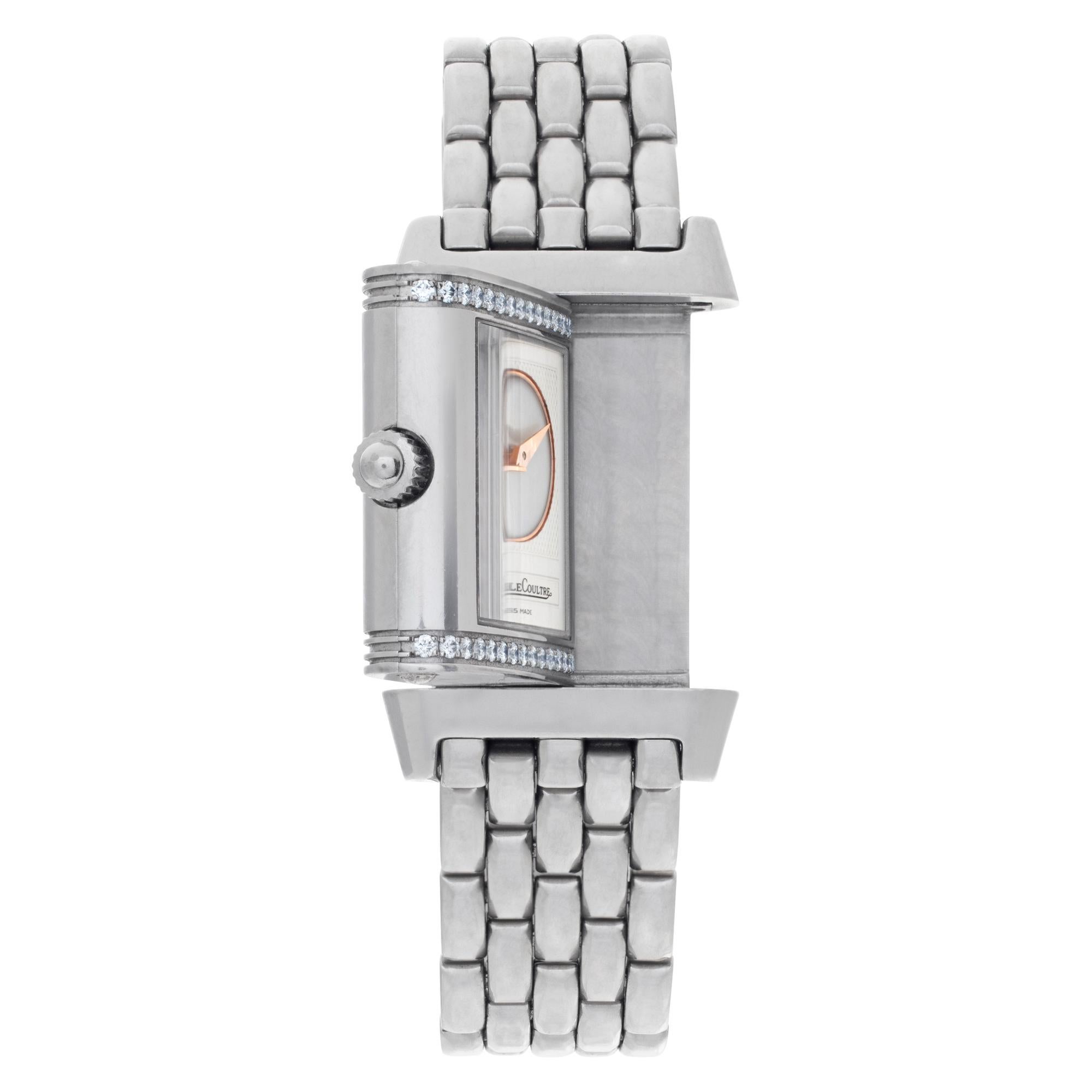 Jaeger LeCoultre Reverso Duetto Duo in stainless steel with mother of pearl dial and diamond bezel. Manual Wind Movement. 28.5 mm length by 21 mm width case size. Ref 266.8.11. Fine Pre-owned Jaeger LeCoultre Watch.

Certified preowned Vintage