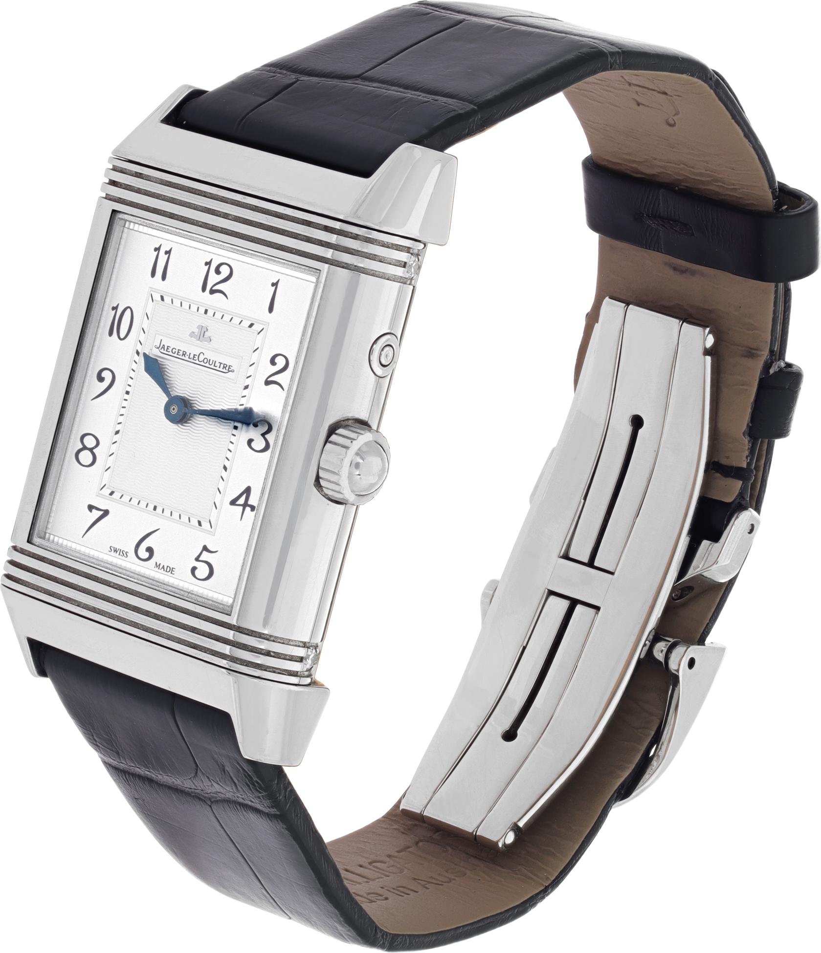 Jaeger LeCoultre Reverso Duo Face Duetto Night & Day in stainless steel with diamond case. Silver dial with Arabic numerals and black dial with day/night indicator. Manual. 40 mm length (lug to lug) by 25 mm width case size. Ref 269.8.54. Fine