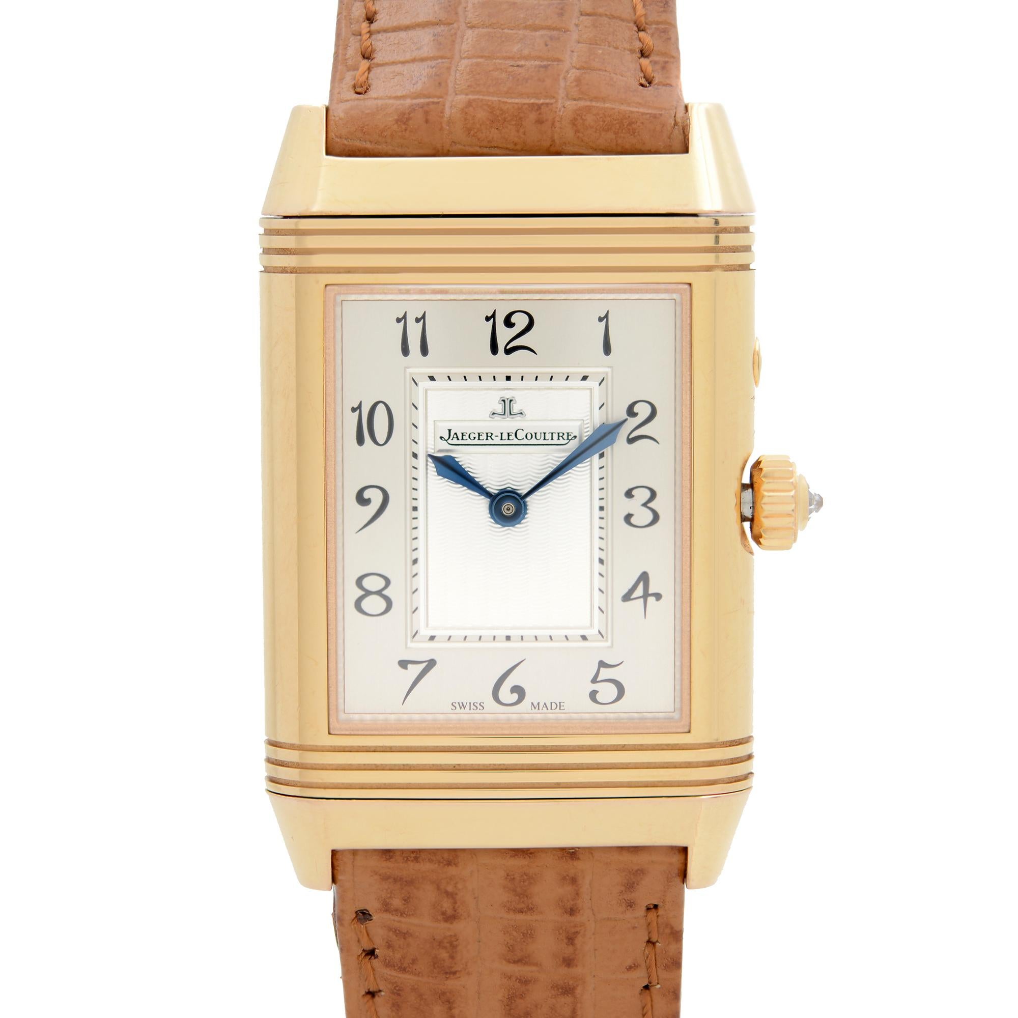 Pre Owned Jaeger LeCoultre Reverso Duetto Duo Classique Rose Gold Diamond Watch 269.2.54. After-market leather band and aftermarket Buckle. This Timepiece Features: 18kt Rose Gold Rotating Case (Silver Dial & Black Dial), Brown Leather Strap, Silver