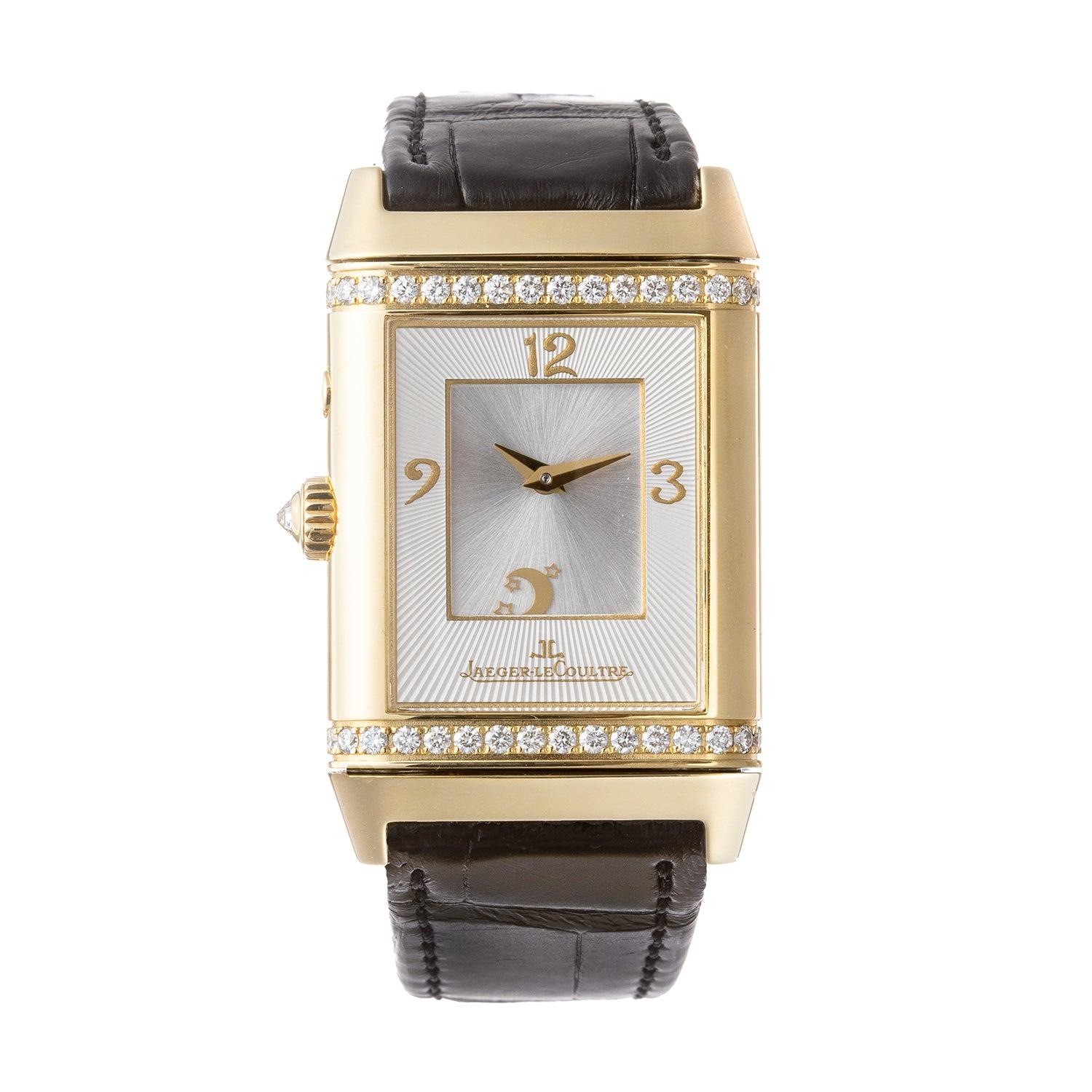 Pre-owned Jaeger-LeCoultre Reverso Duetto Duo (ref. 269.1.54), featuring a manual-winding movement; silvered guilloché front dial with black painted Arabic numeral hour markers; mother-of-pearl back dial with applied Arabic numeral hour markers at