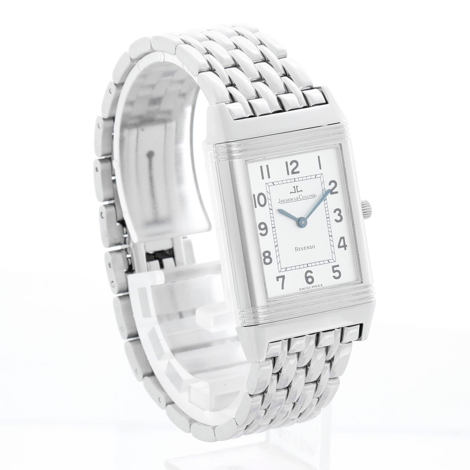 Orologio Jaeger-LeCoultre Reverso Duetto Q2508120 Midsize in acciaio inossidabile - Carica manuale. Reverso. Quadrante in acciaio inossidabile (38 mm x 23 mm). Quadrante bianco con numeri arabi romani e quadrante secondario a ore 6. Bracciale in