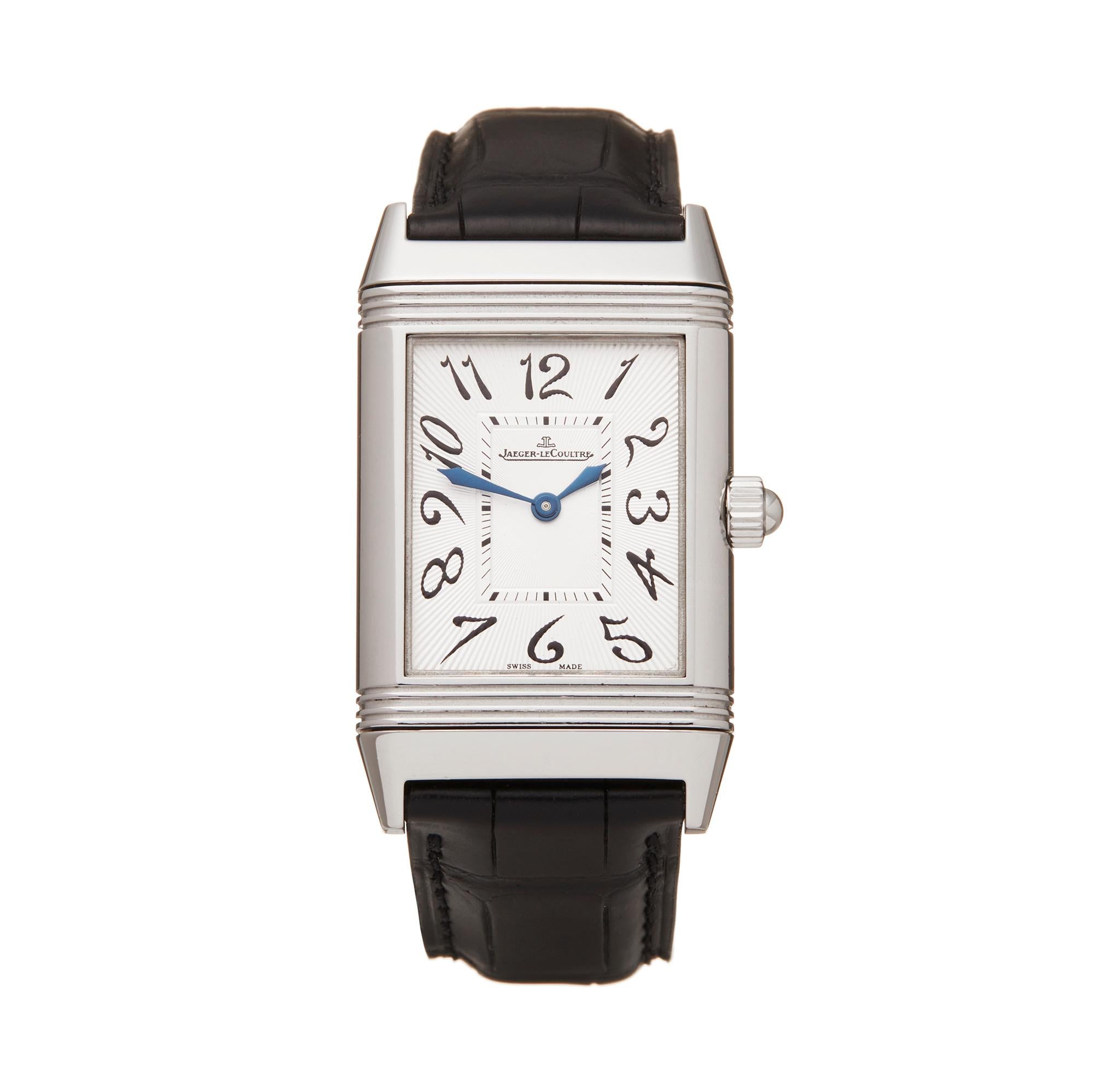 Reference: W5829
Manufacturer: Jaeger-LeCoultre
Model: Reverso
Model Reference: 256.8.75
Age: Circa 2000's
Gender: Women's
Box and Papers: Box and Open Guarantee
Dial: Silver Arabic
Glass: Sapphire Crystal
Movement: Mechanical Wind
Water Resistance: