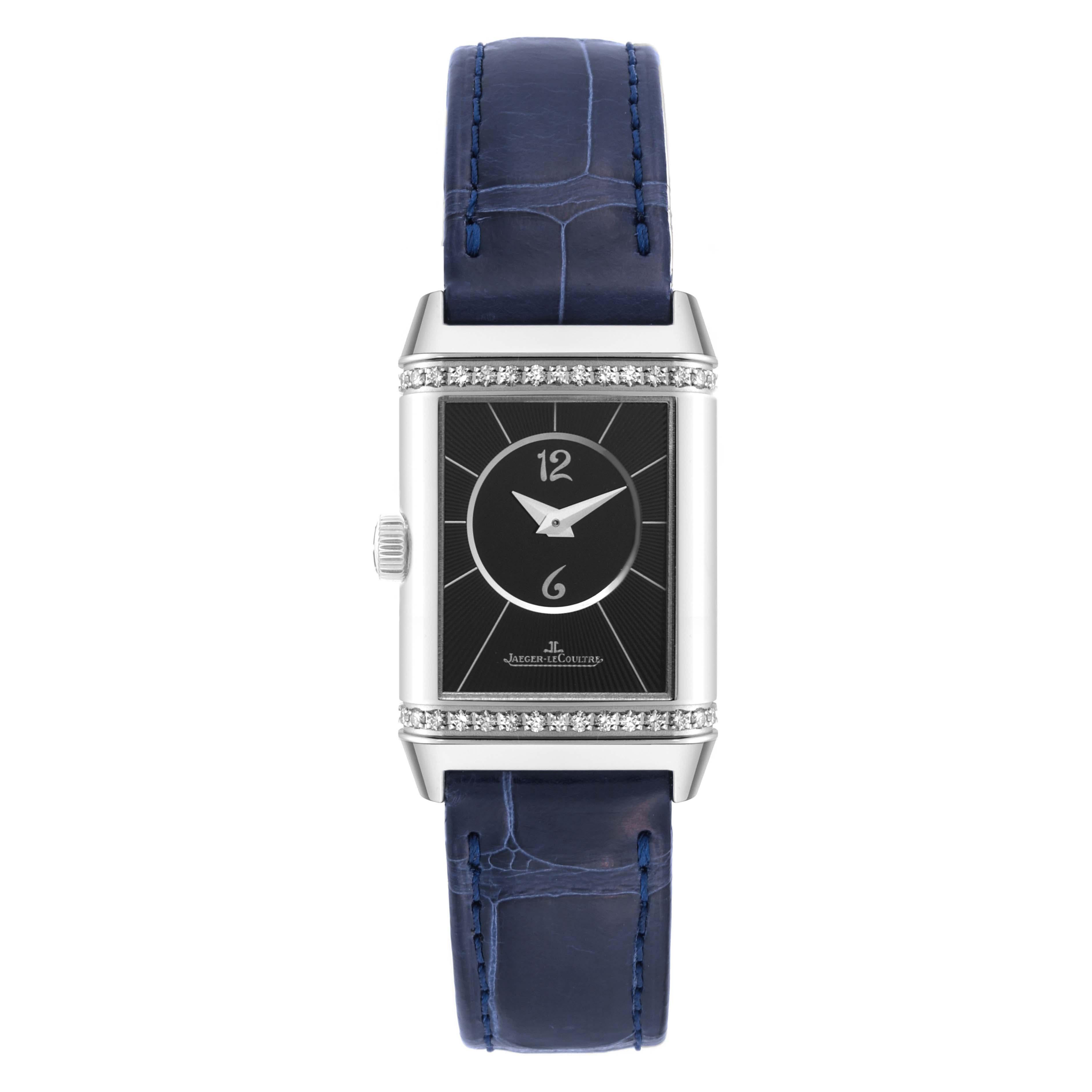 Jaeger LeCoultre Reverso Duetto Steel Diamond Ladies Watch 211.8.44 Q2668432. Manual winding movement. Stainless steel 21.0 x 34.2 mm case rectangular case with reeded ends, rotating within its back plate. Stainless steel reeded bezel on front side,